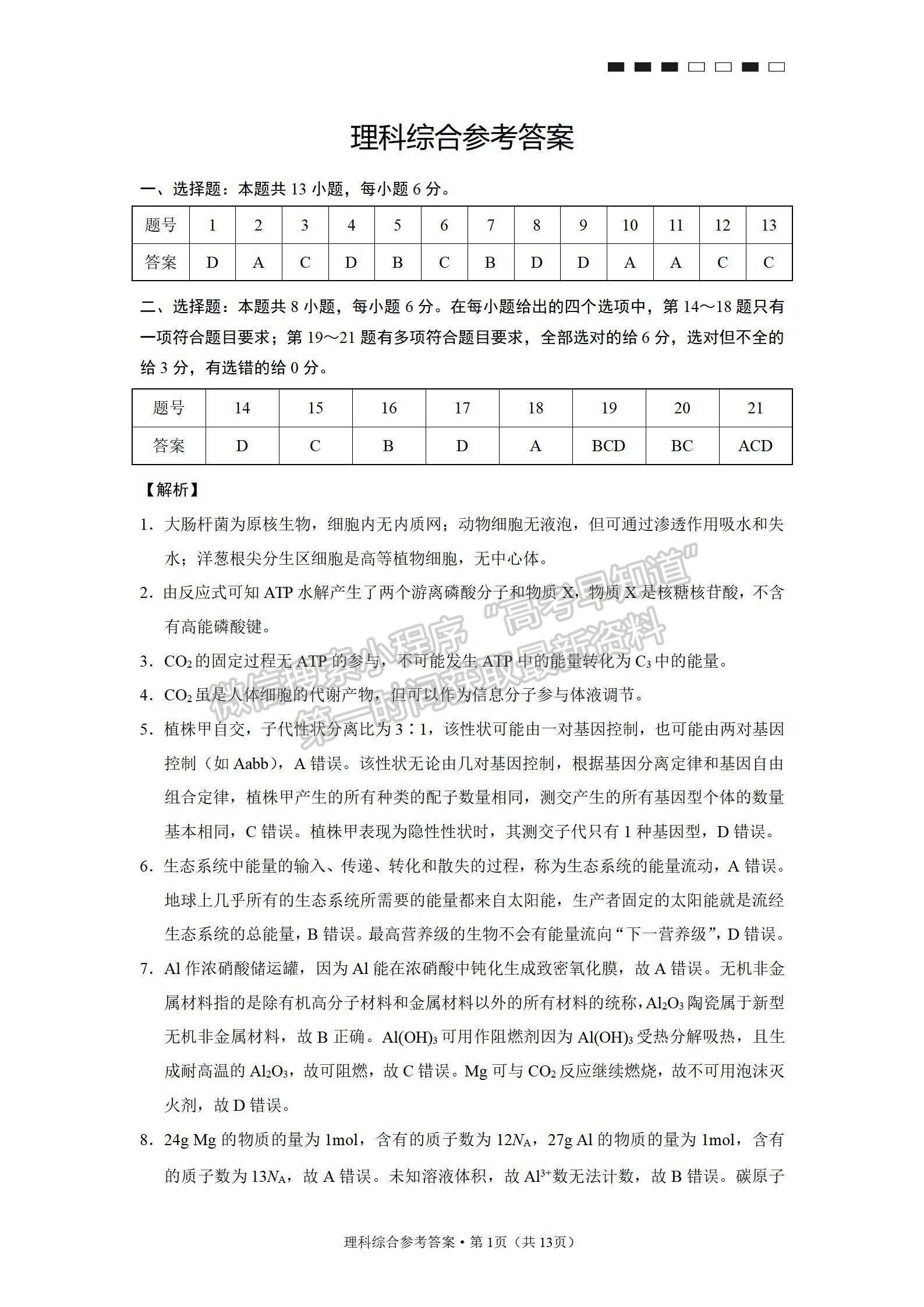 2022云師大附中高三高考適應(yīng)性月考卷（三）理綜試卷及答案