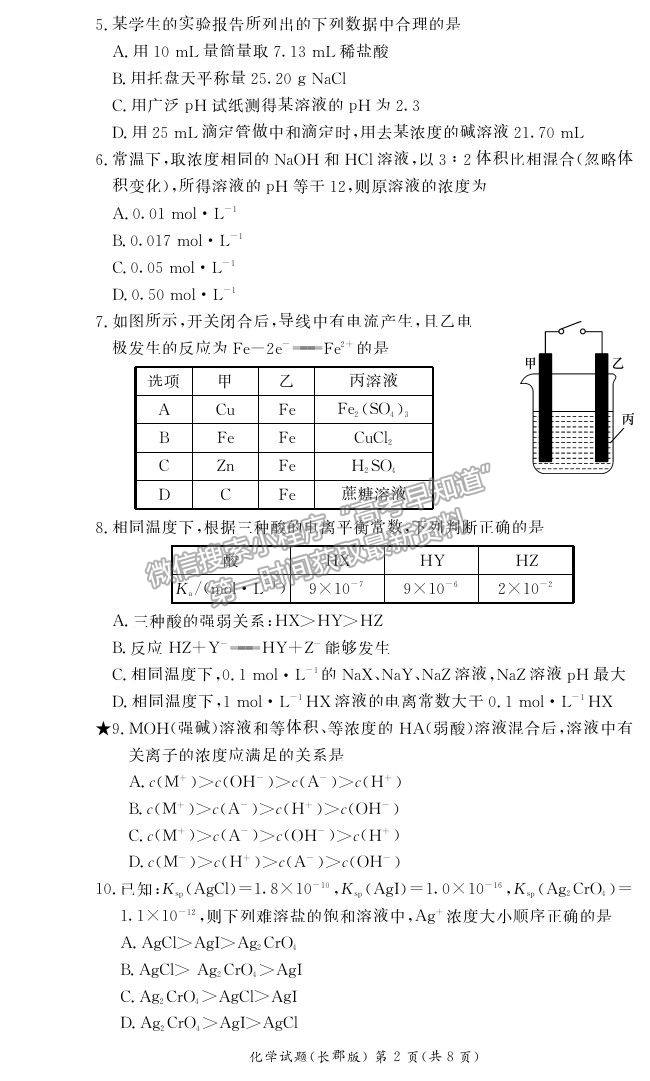 2021湖南省長沙市長郡中學(xué)高二上學(xué)期期中考試化學(xué)試題及參考答案