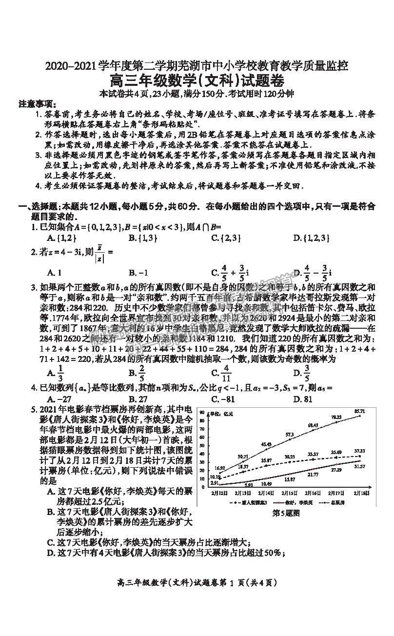 2021安徽省蕪湖市高三下學期二模文數(shù)試題及參考答案