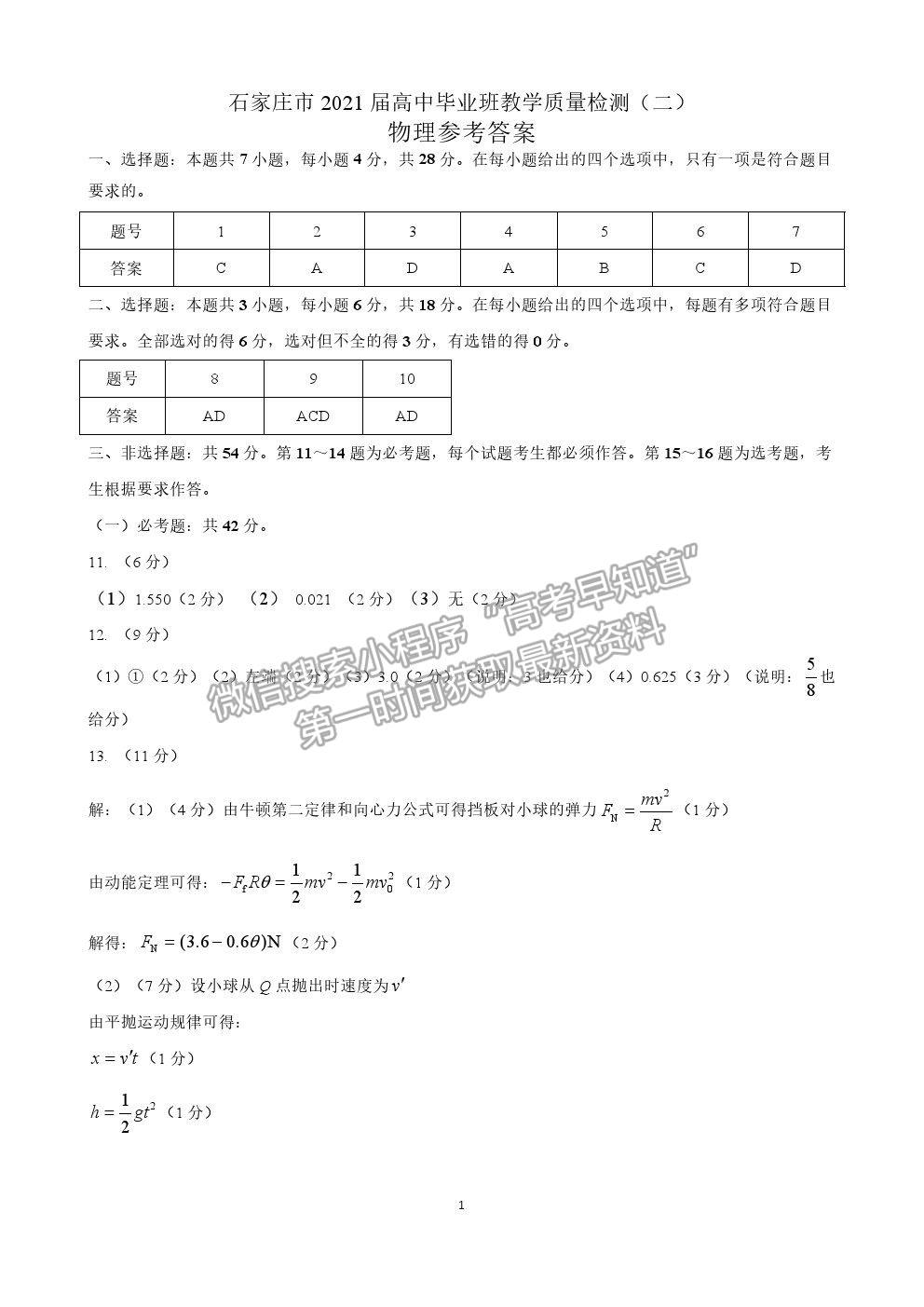 2021石家莊市高三教學(xué)質(zhì)量檢測(cè)（二）物理試題及參考答案