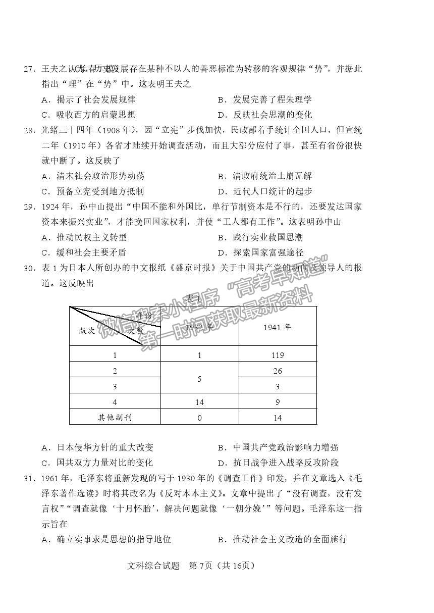 2021長(zhǎng)春市高三質(zhì)量監(jiān)測(cè)（二）文綜試題及參考答案