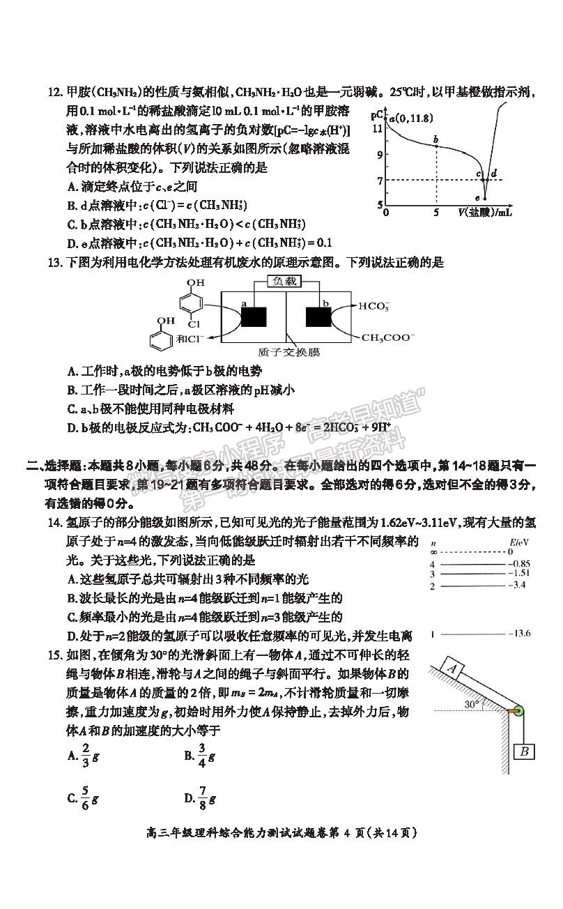 2021安徽省蕪湖市高三下學期二模理綜試題及參考答案