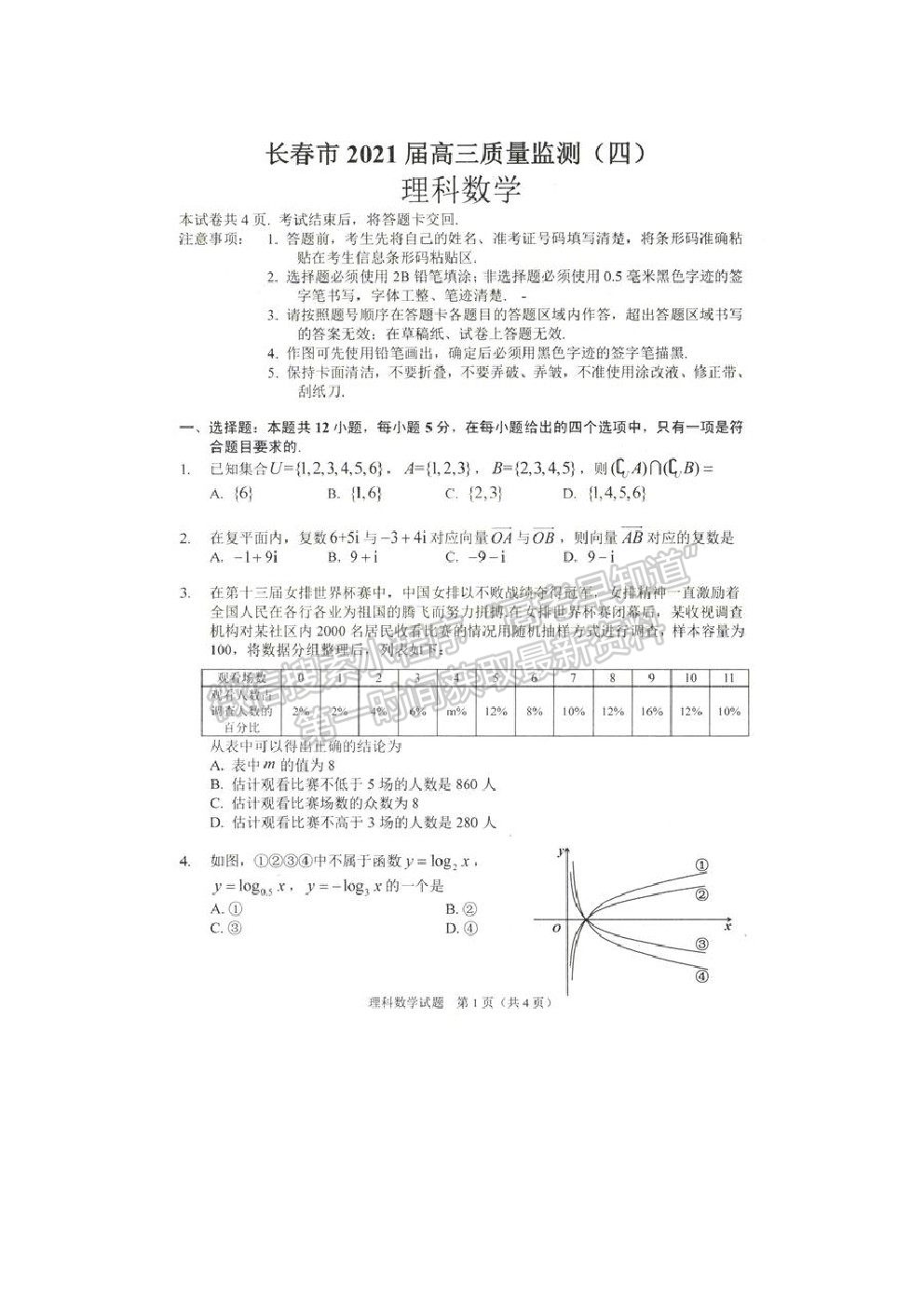 2021長春市高三質(zhì)量監(jiān)測（四）理數(shù)試題及參考答案