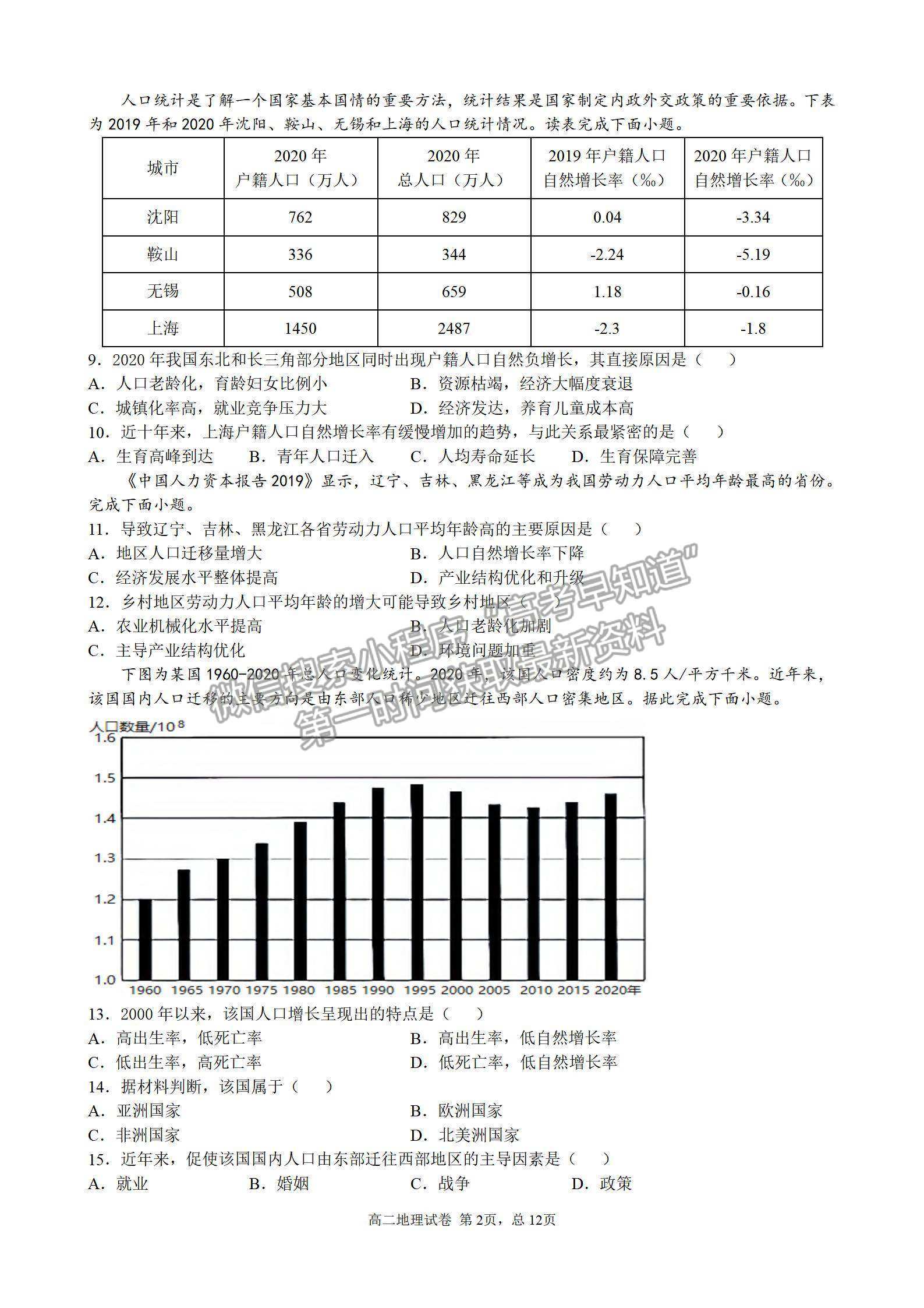 2022成都外國語學(xué)校高二入學(xué)考地理試題及參考答案