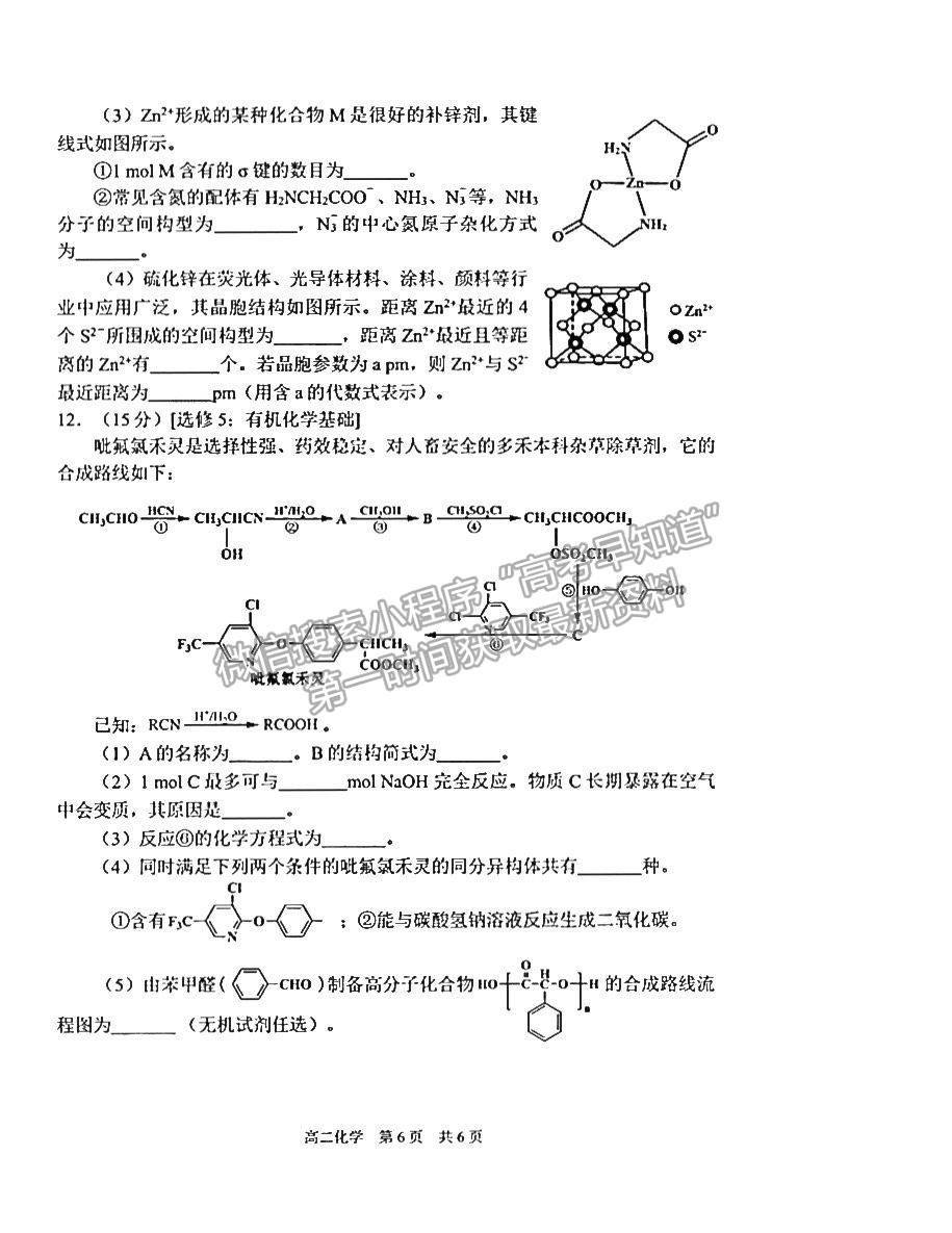 2021開封高二期末考試化學試題及參考答案