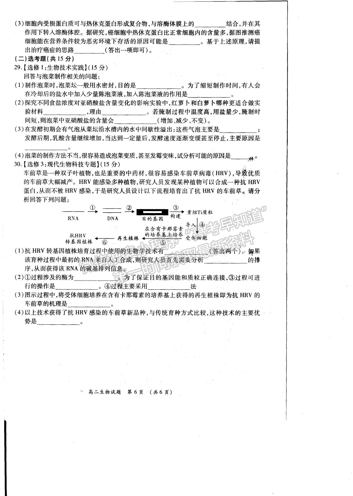 2021洛陽豫西名校高二期末生物試題及參考答案