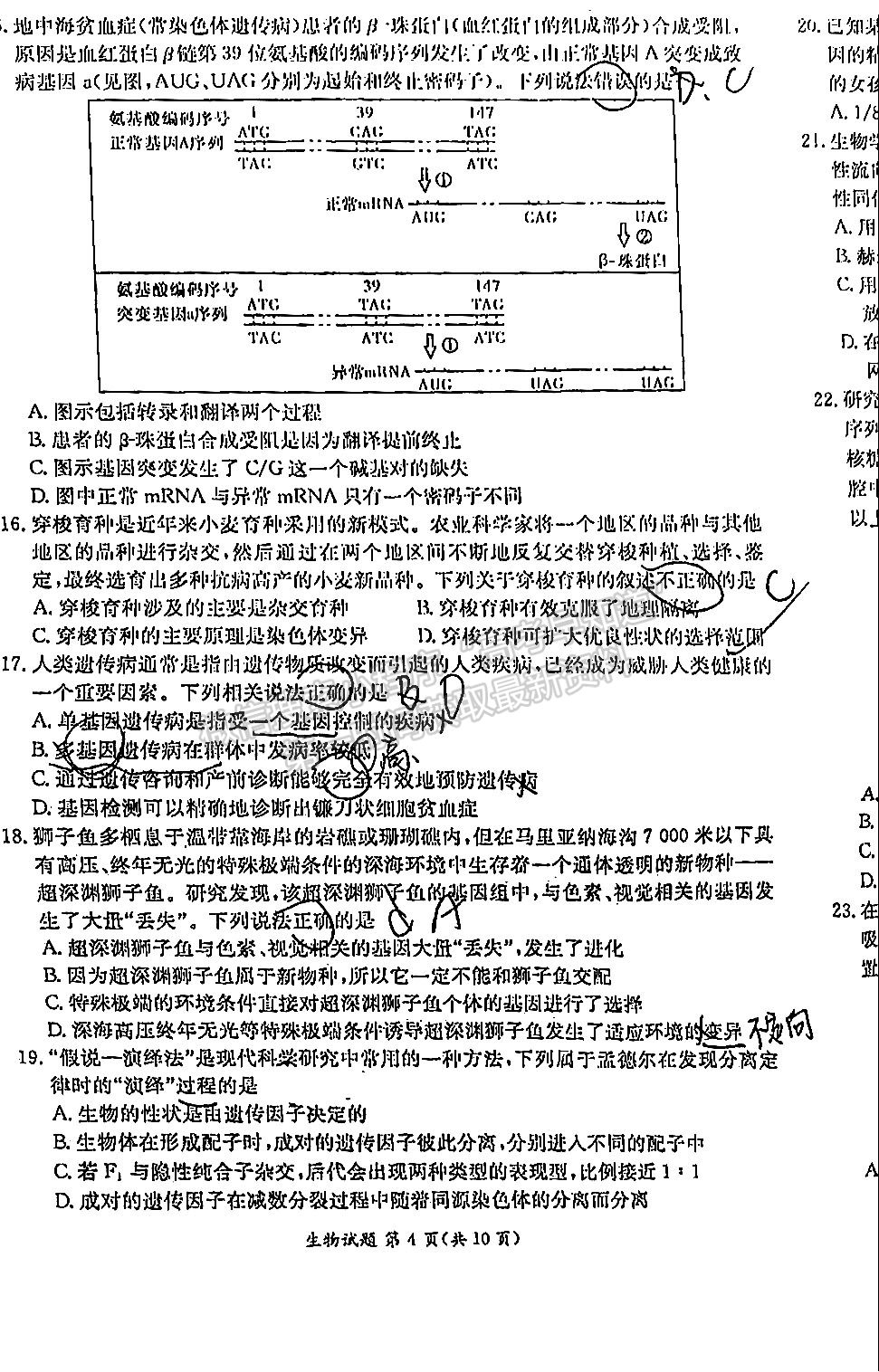 2022屆江西省紅色七校第一次聯(lián)考生物試卷及答案