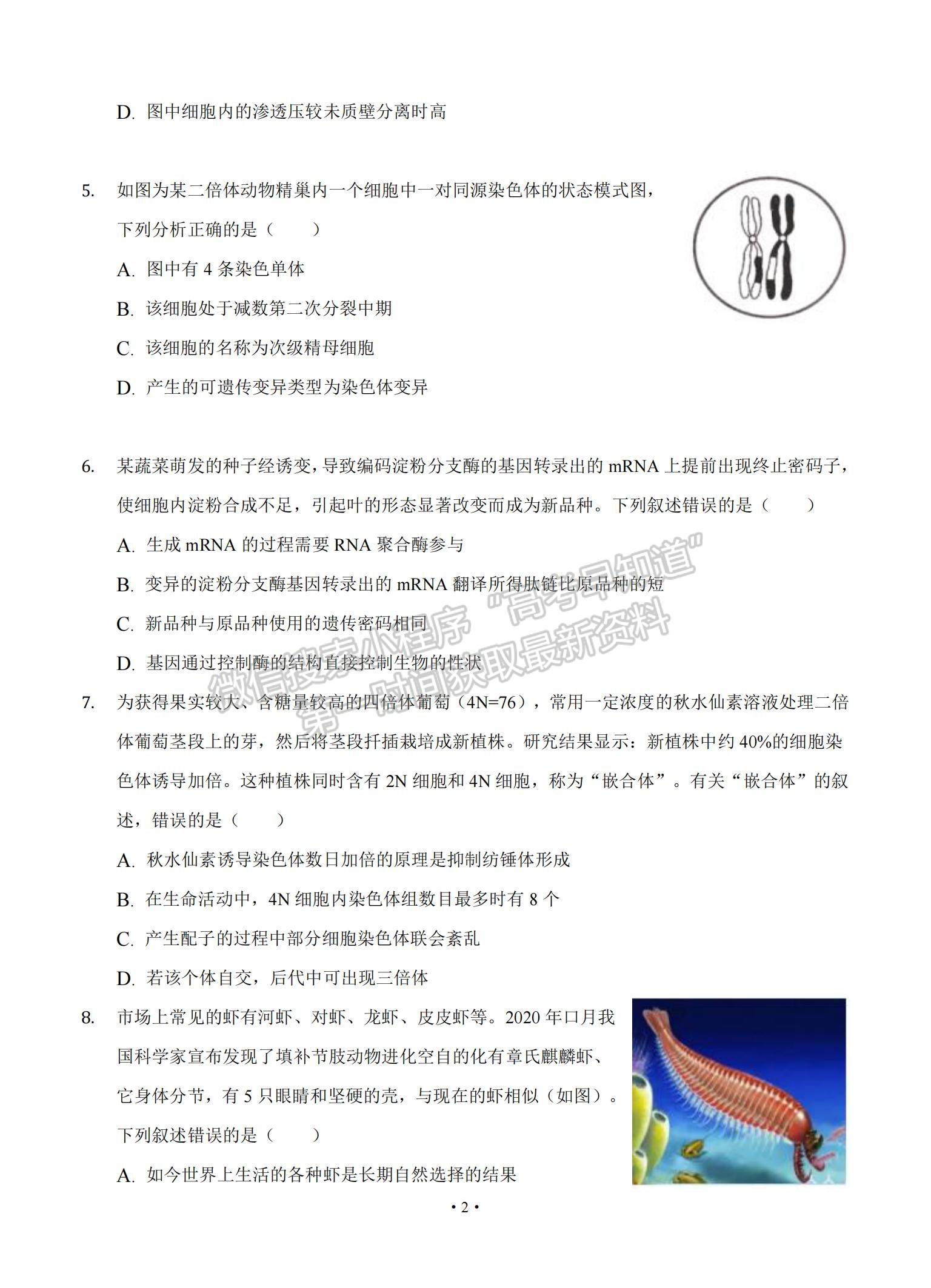 2022遼寧省大連市重點中學(xué)高三上學(xué)期高考模擬生物試題及參考答案