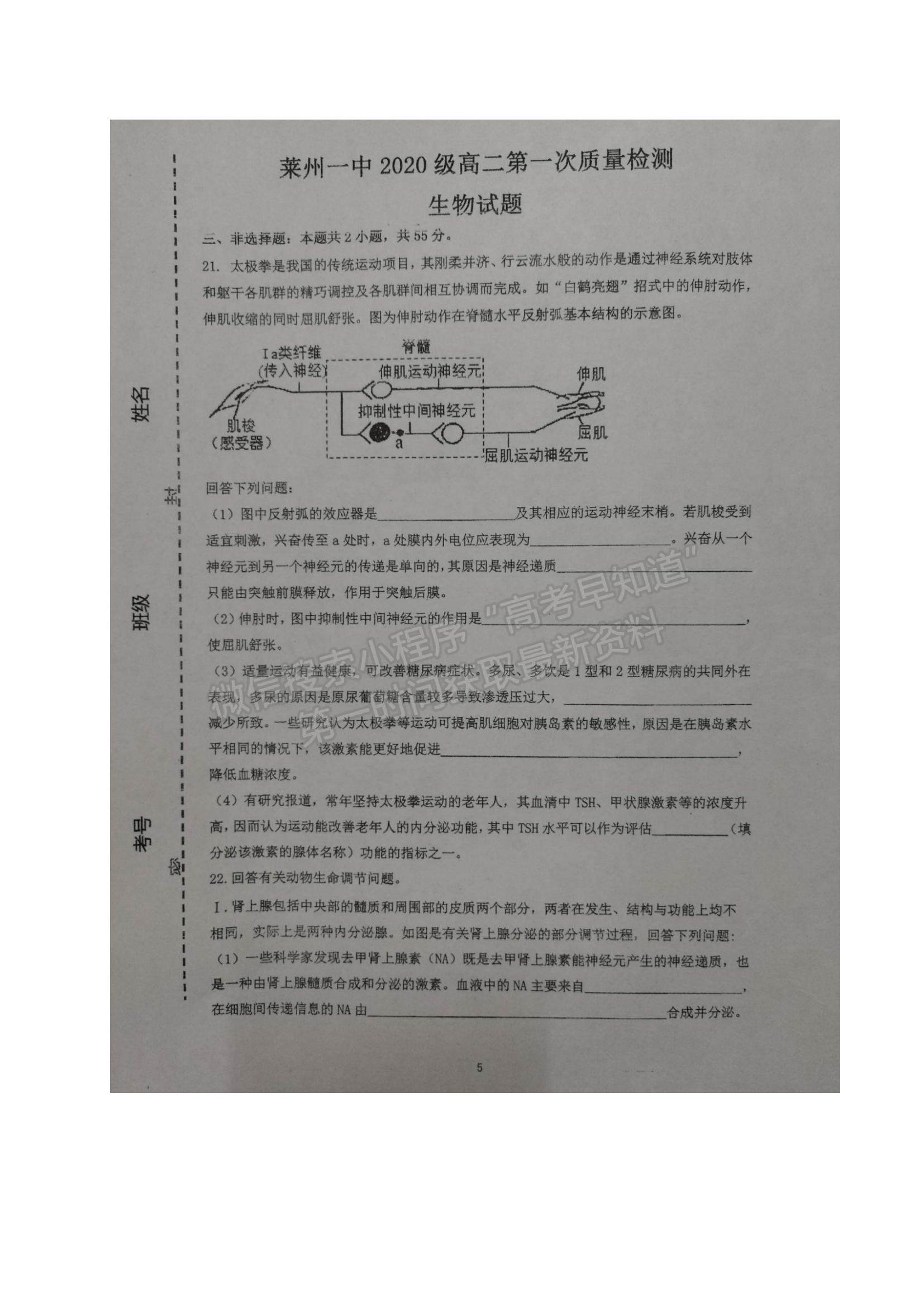 2022山東省煙臺(tái)市萊州一中高二10月月考生物試題及參考答案