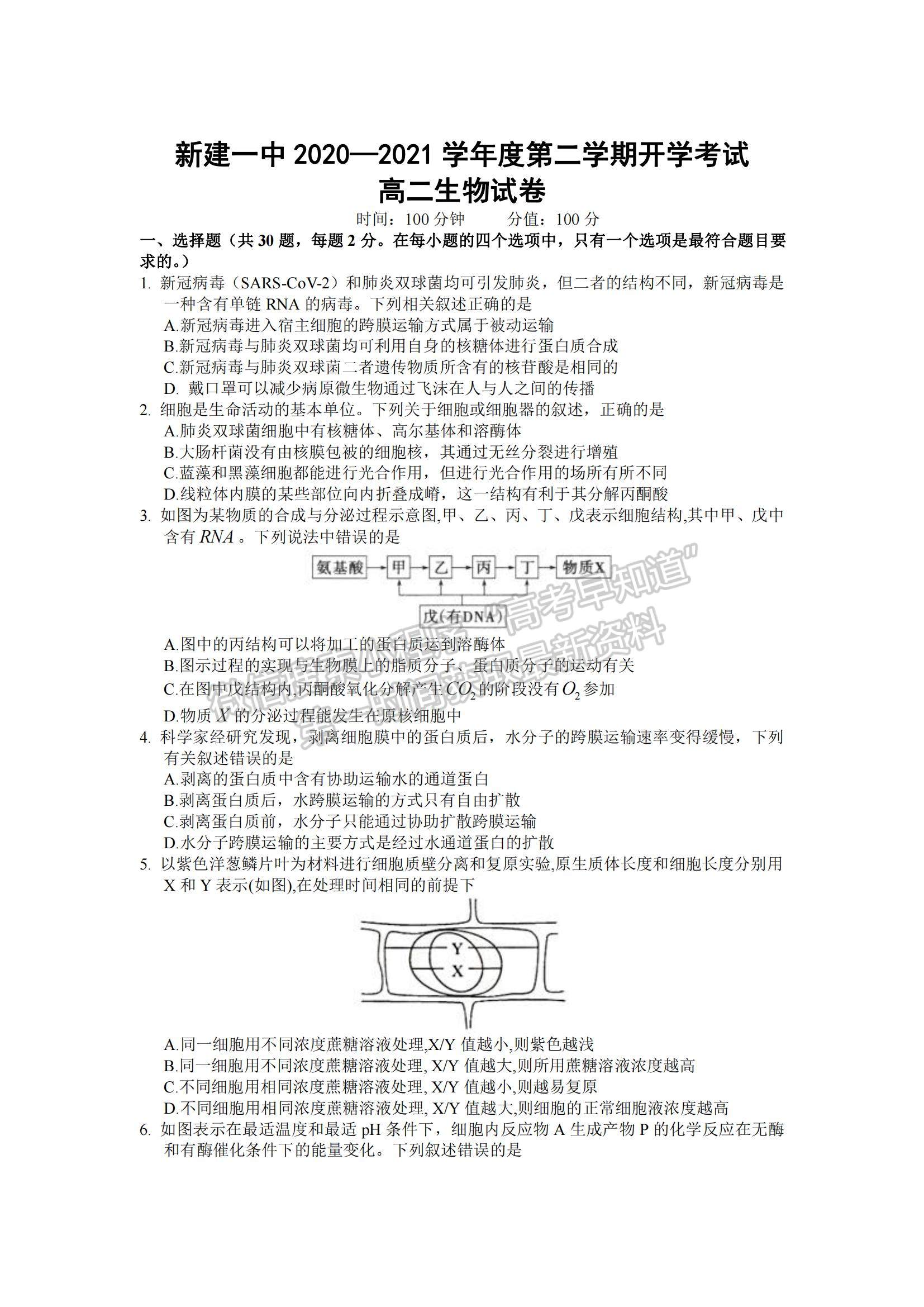 2021江西省南昌市新建一中高二下學期開學考試生物試題及參考答案