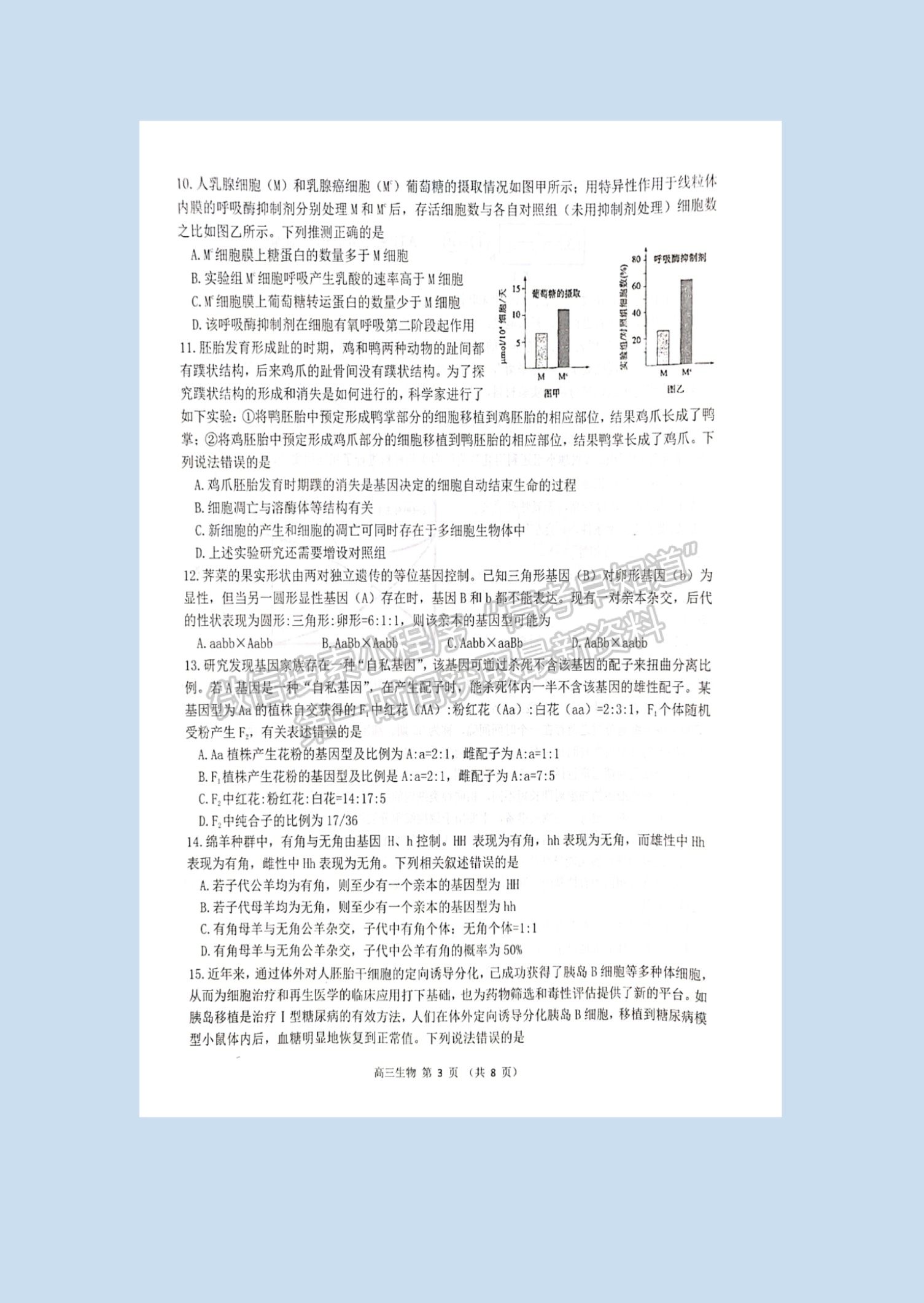 2022山東省濰坊市高三10月階段性檢生物試卷及參考答案