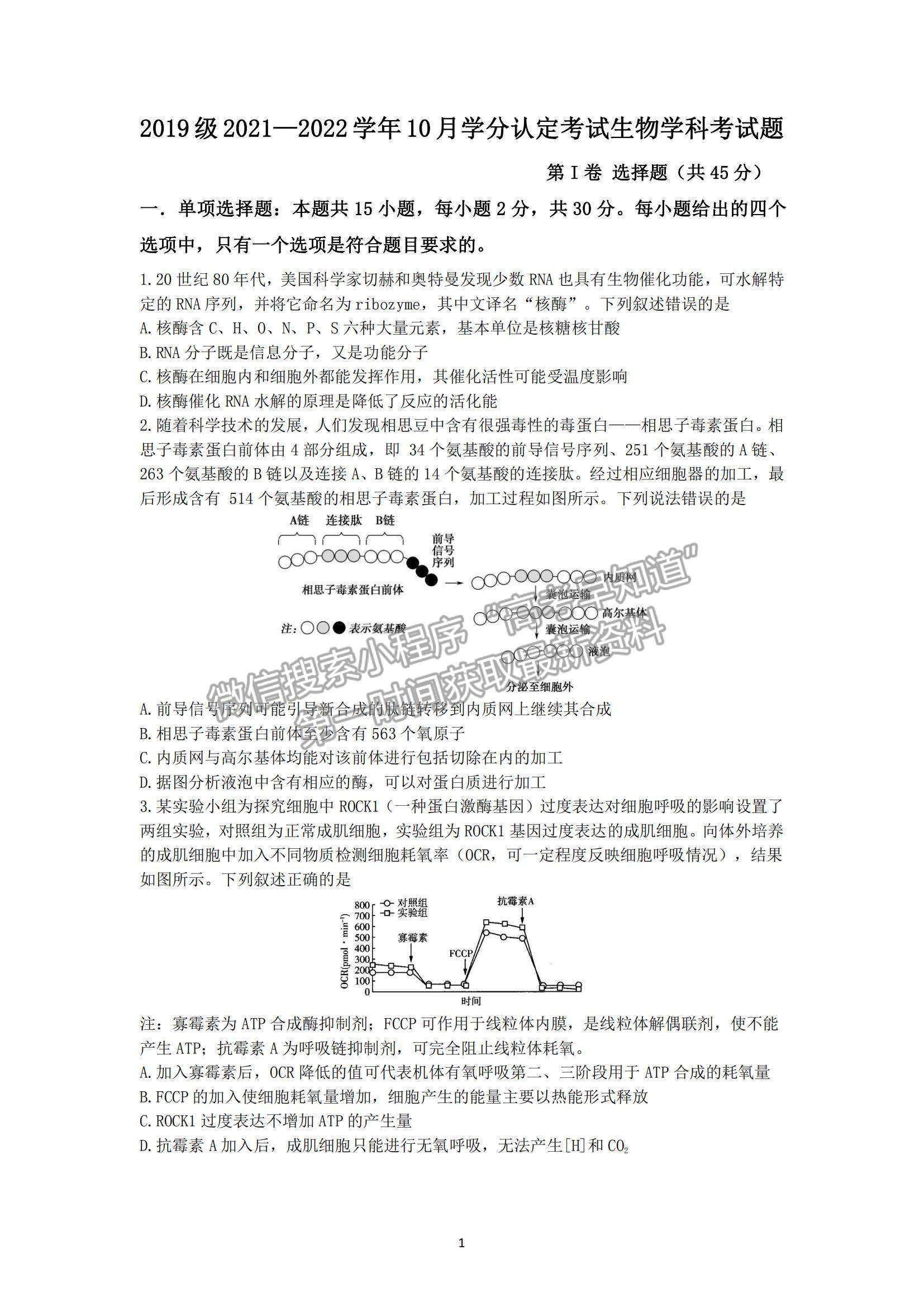 2022山東師大附中高三上學(xué)期第二次月考生物試題及參考答案