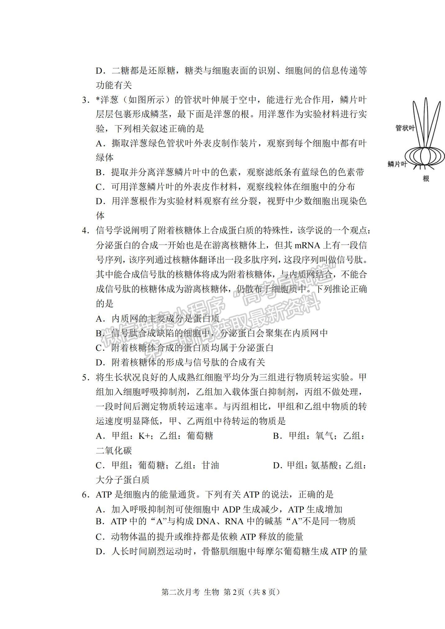 2022重慶市西南大學附中高三上學期第二次月考生物試題及參考答案