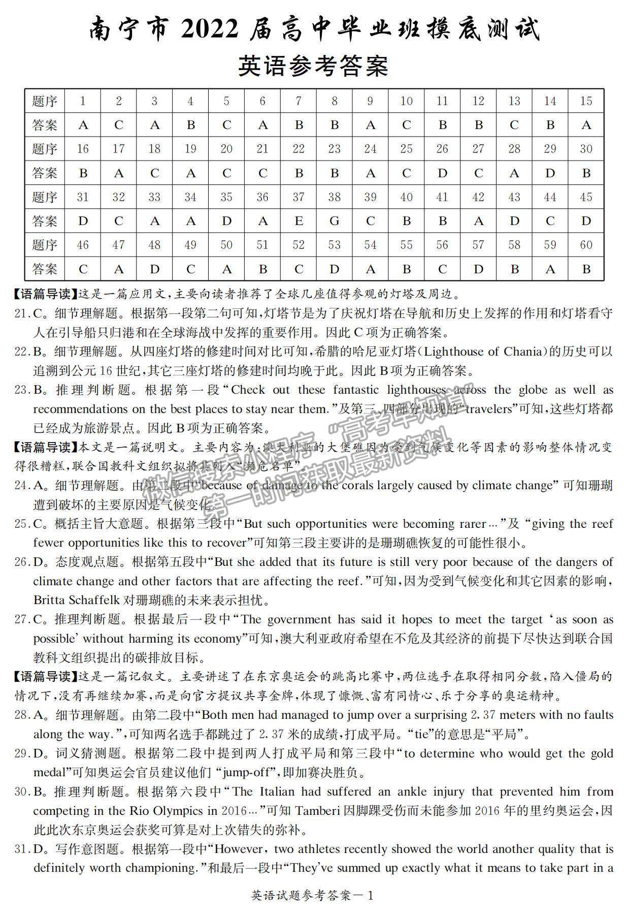 2022南寧/貴港/賀州高三10月摸底考英語(yǔ)試題及參考答案