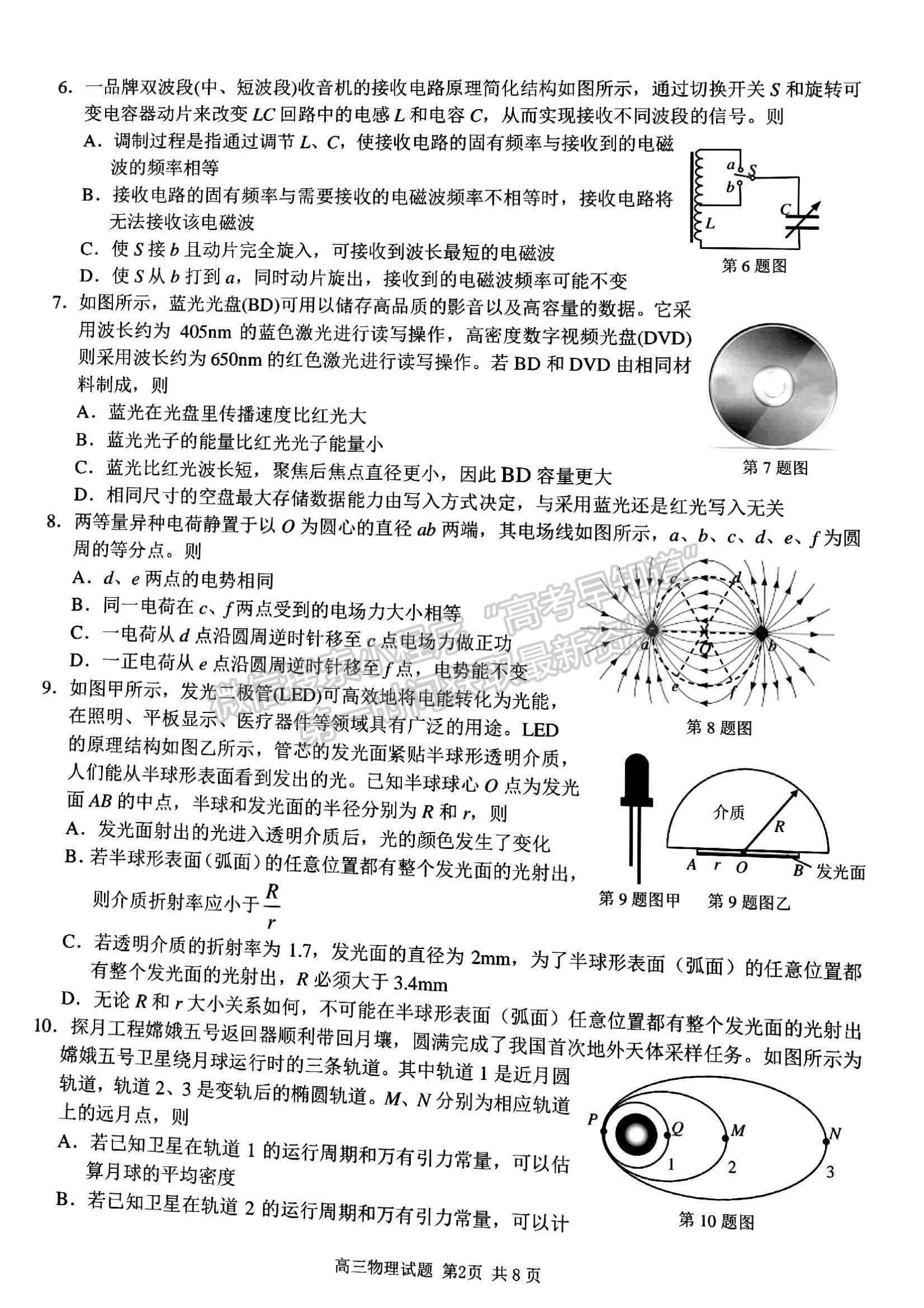 2022浙江省浙南名校聯(lián)盟高三上學(xué)期第一次聯(lián)考物理試題及參考答案