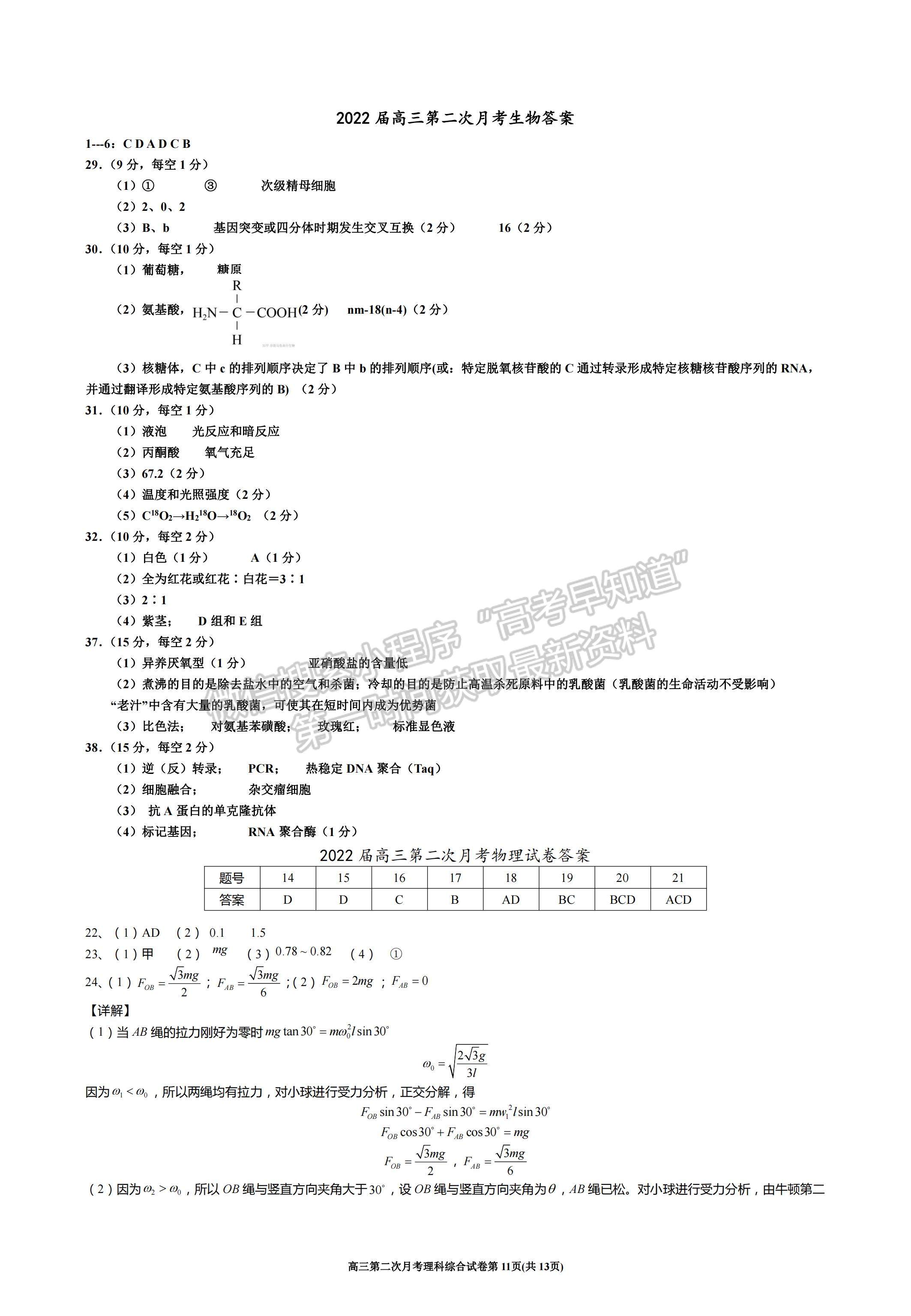 2022寧夏銀川一中高三上學(xué)期第二次月考理綜試題及參考答案