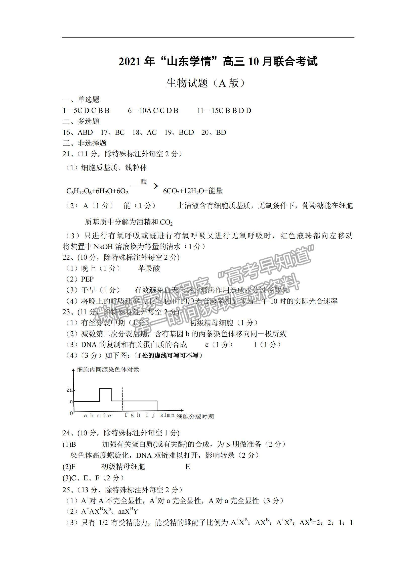 2022山東學(xué)情高三上學(xué)期10月聯(lián)合考試生物A卷試題及參考答案