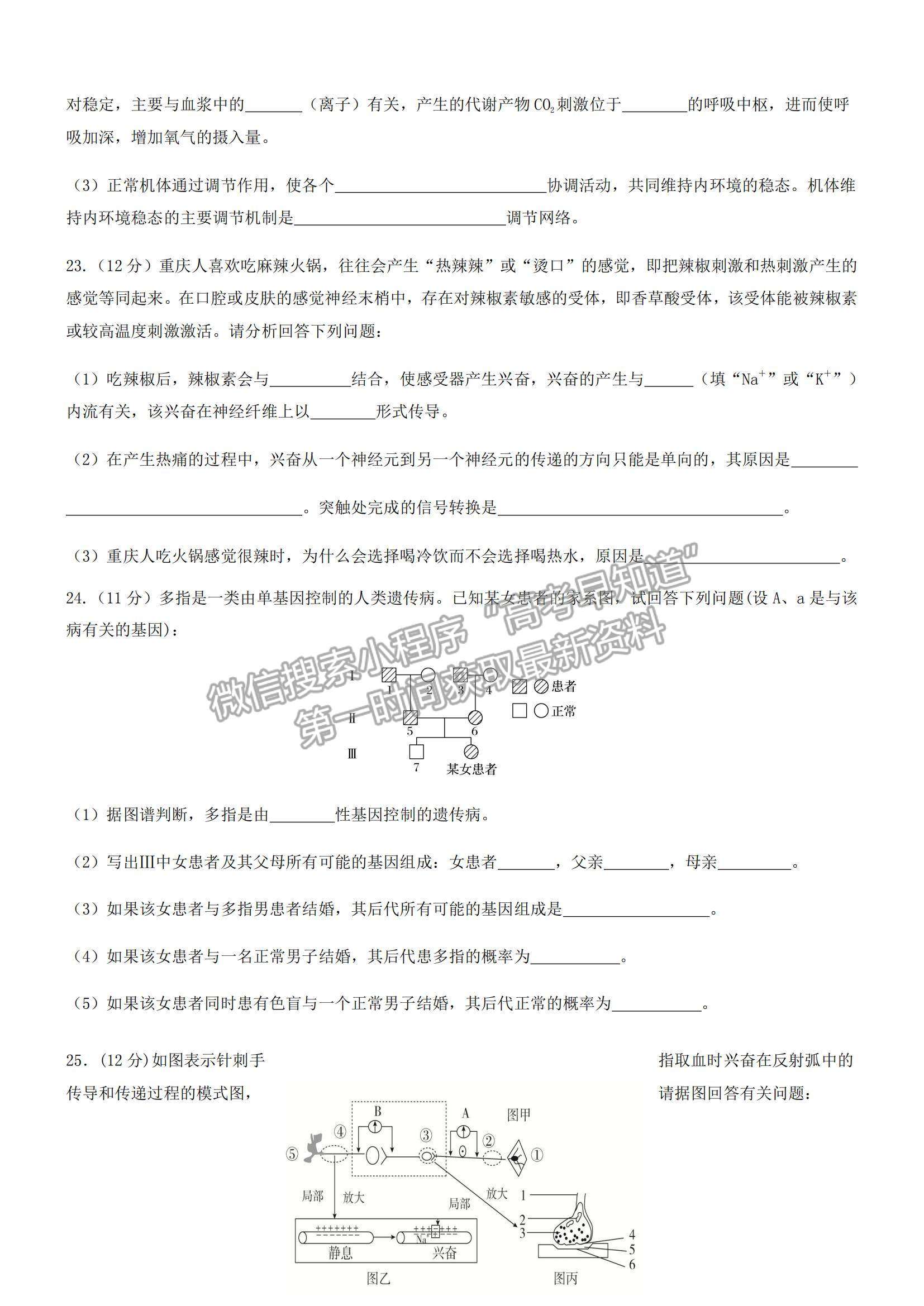 2022重慶市育才中學高二上學期第一次月考生物試題及參考答案