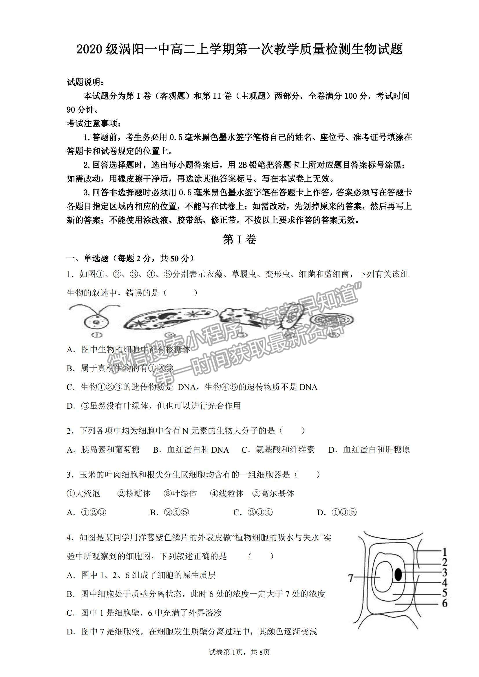 2022安徽省渦陽—中高二上學期第一次教學質(zhì)量檢測生物試題及參考答案