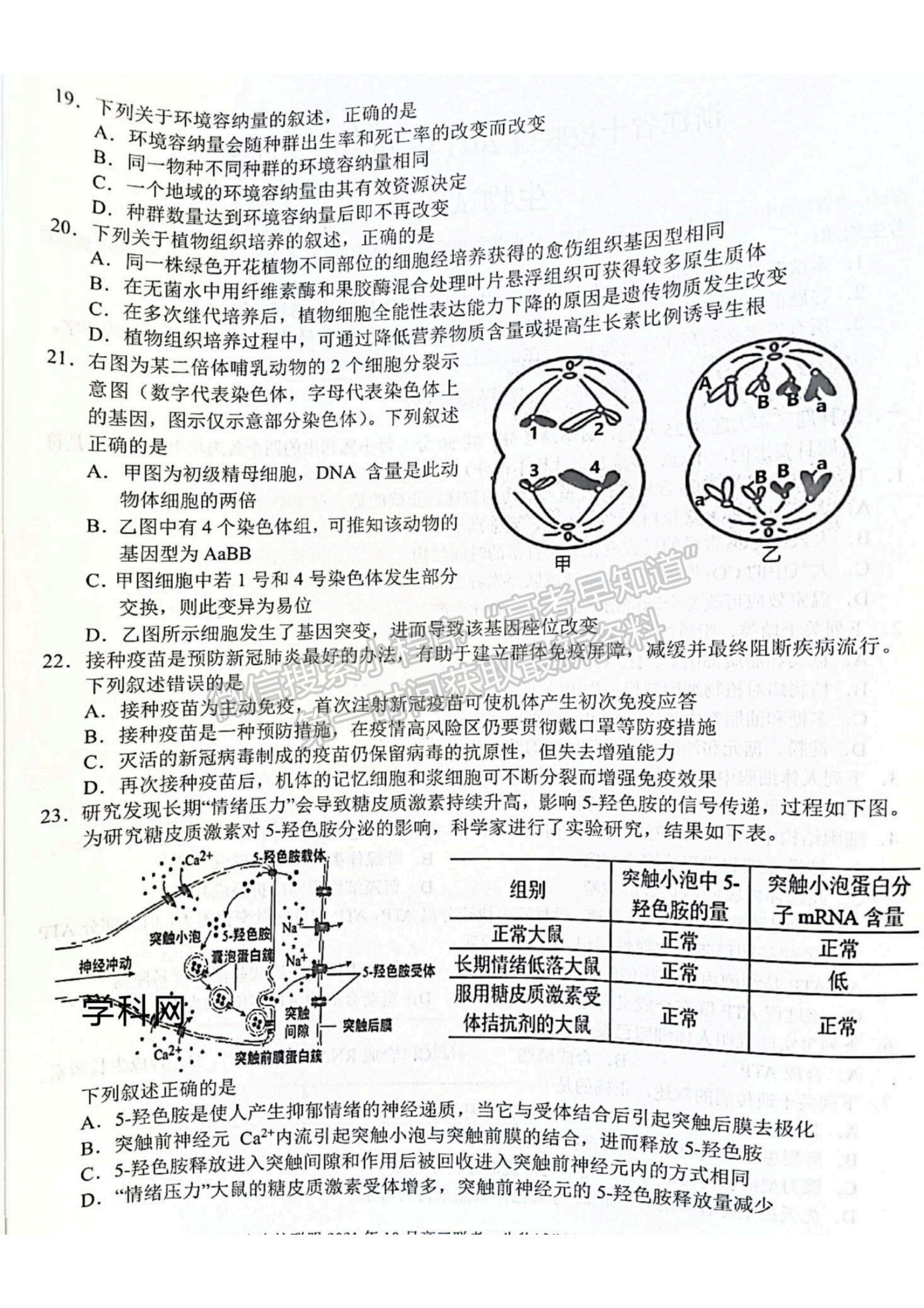 2022浙江省十校聯(lián)盟10月高三聯(lián)考生物試題及參考答案