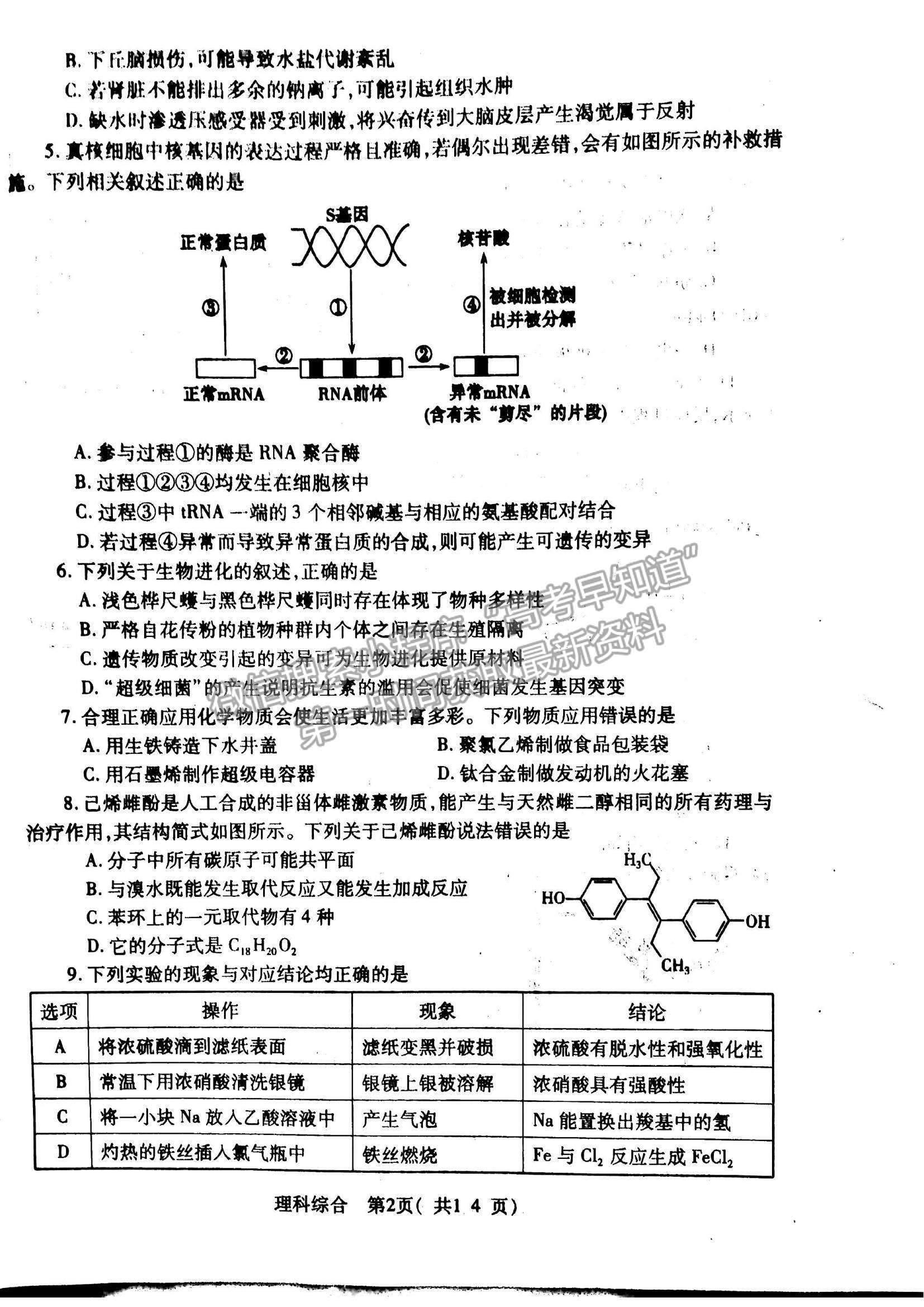 2022河南省許昌一模理綜試題及參考答案