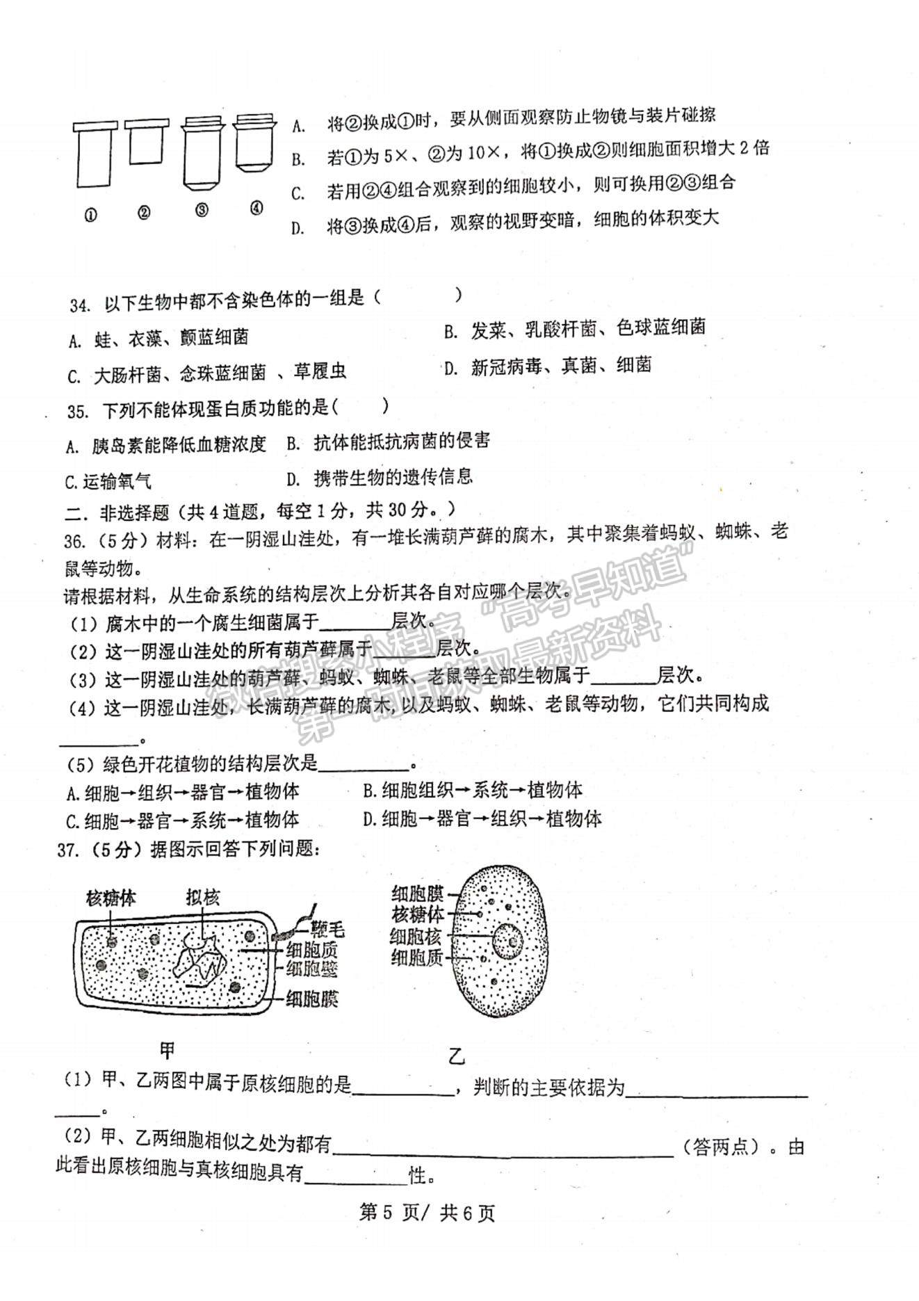 2022天津市寶坻區(qū)第九中學(xué)高一上學(xué)期第一次月考生物試題及參考答案