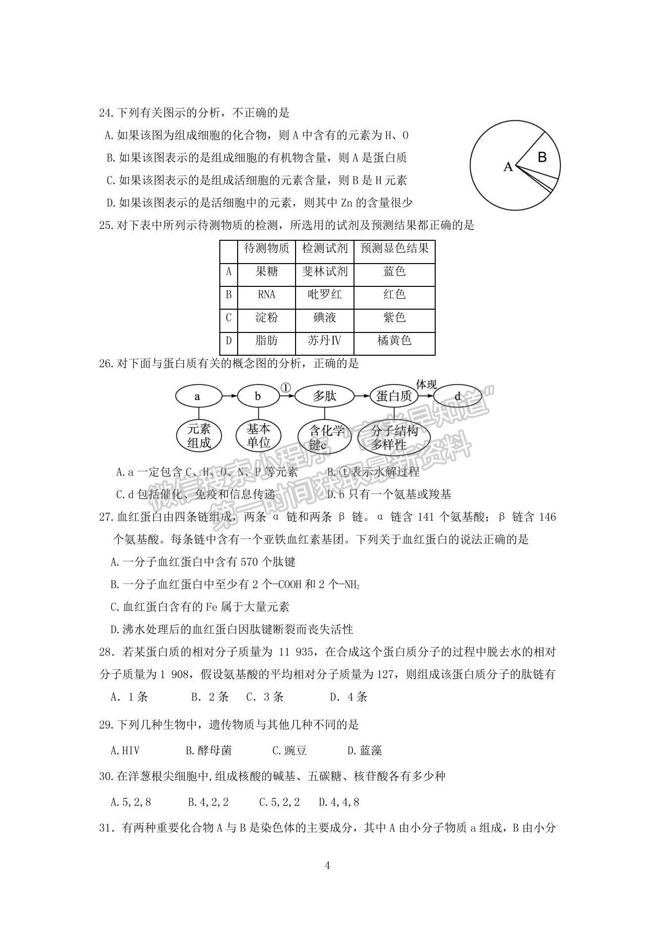 2021四川省綿陽一中高一上學(xué)期10月月考生物試題及參考答案