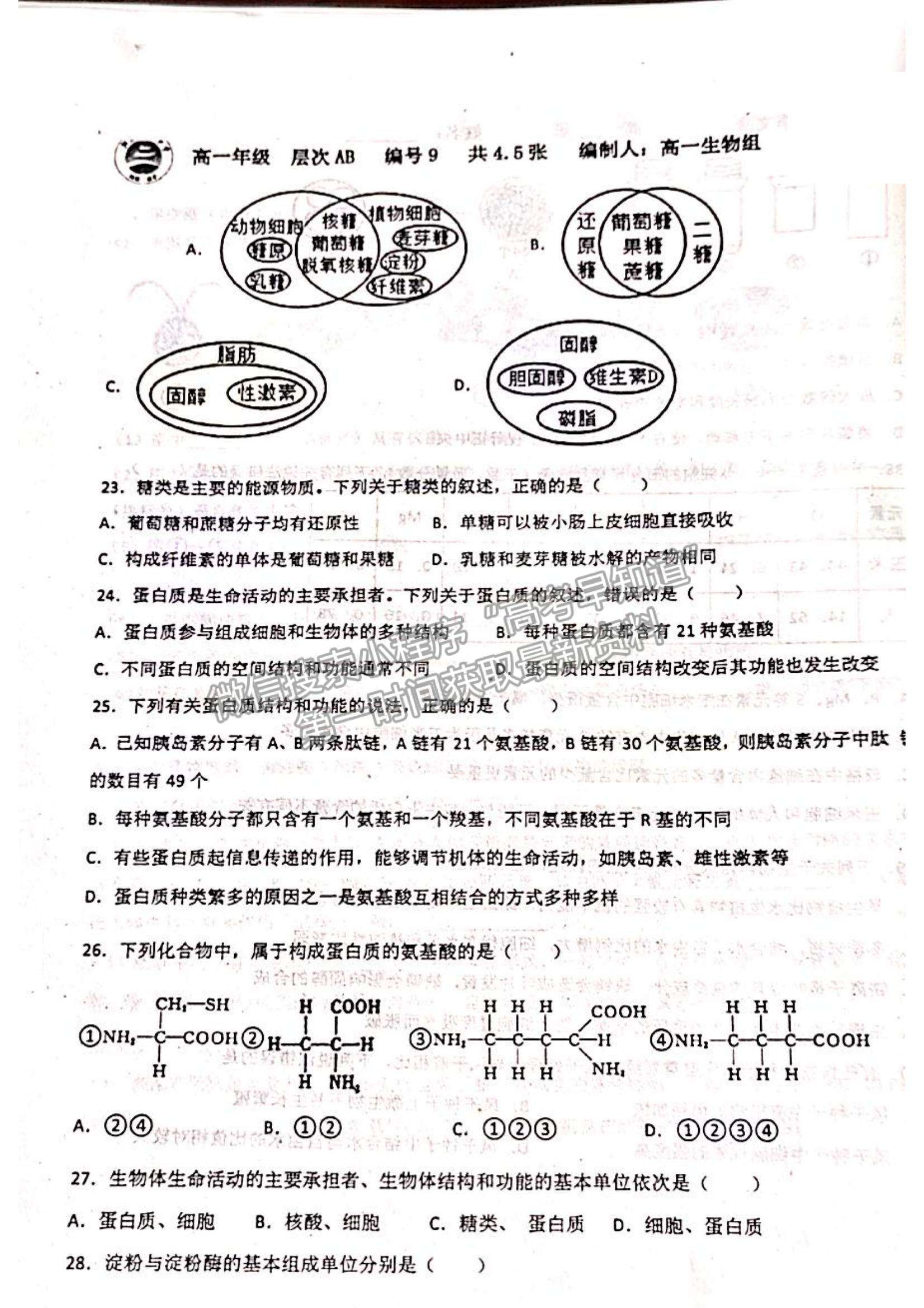 2022山東省聊城市陽谷縣第三中學(xué)高一10月月考生物試題及參考答案