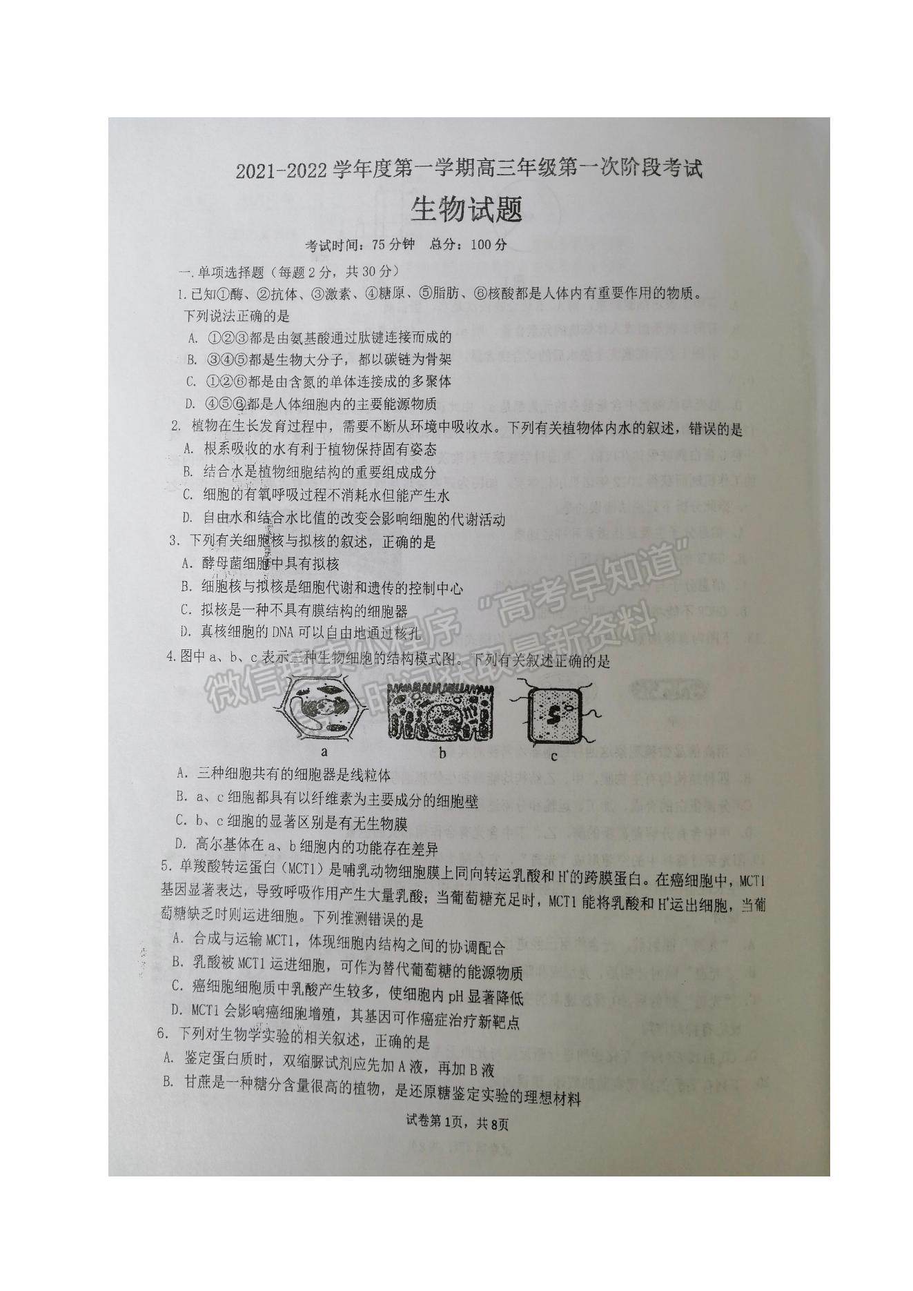 2022江蘇省鹽城市伍佑中學(xué)高三上學(xué)期第一次階段考試生物試題及參考答案