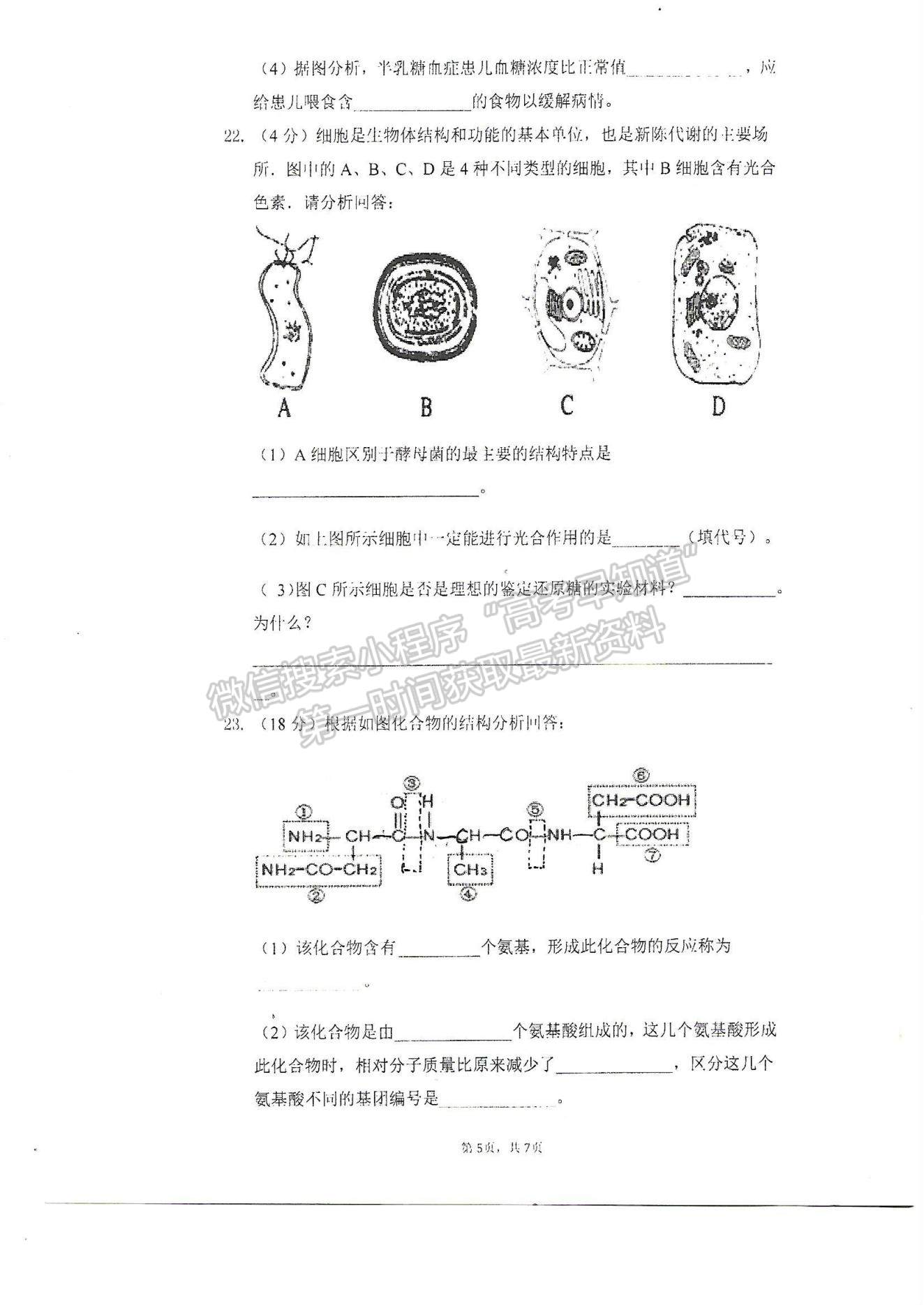 2022天津市軍糧城中學高一上學期第一次月考生物試題及參考答案