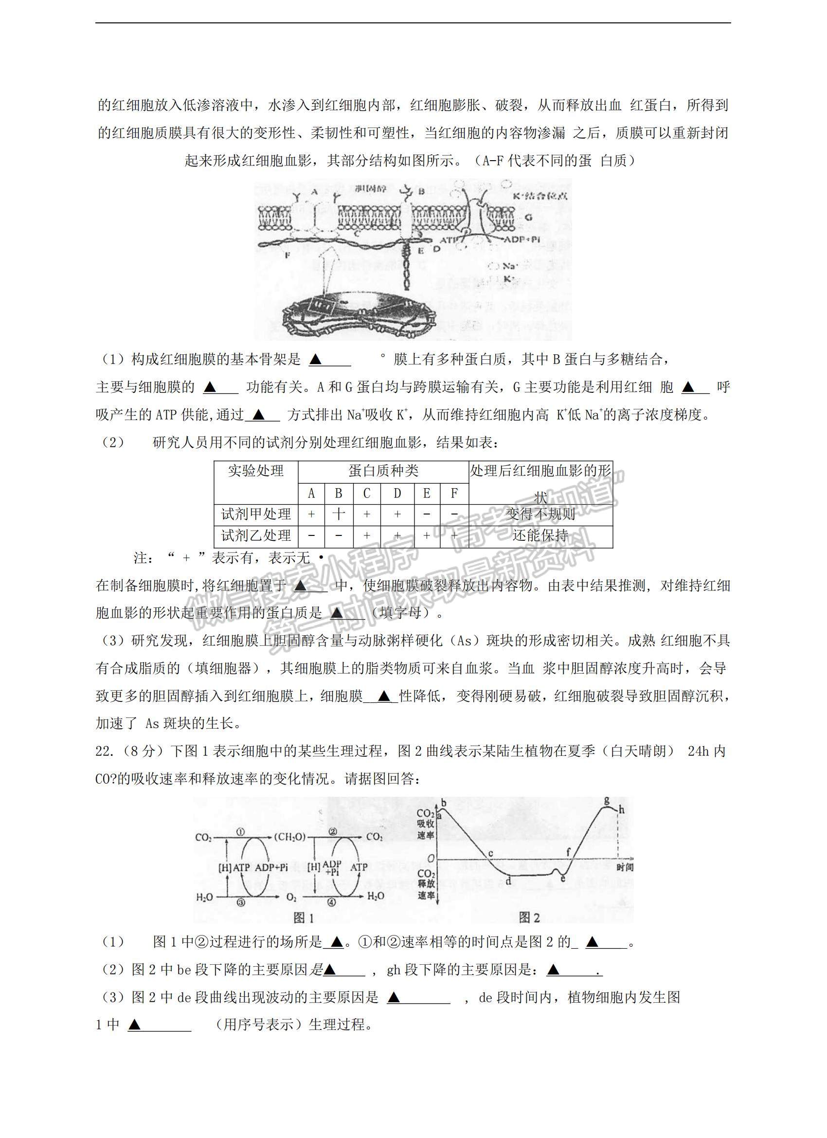 2021江蘇省泰州中學(xué)高三上學(xué)期第二次月度檢測生物試題及參考答案