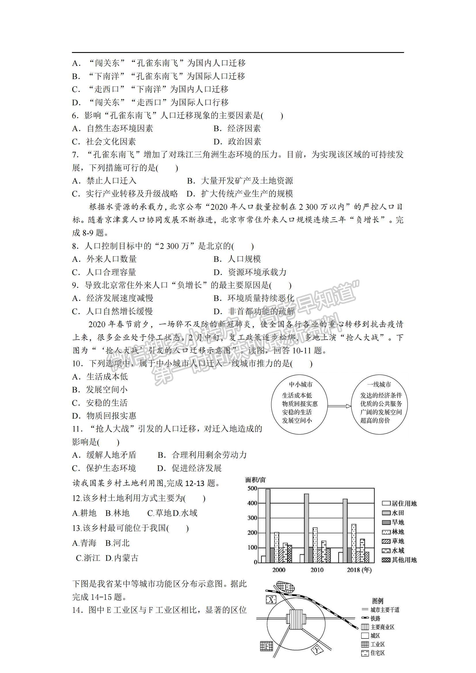 2021廣東省北大附中為明廣州實驗學(xué)校高一下學(xué)期期中考試地理試題及參考答案