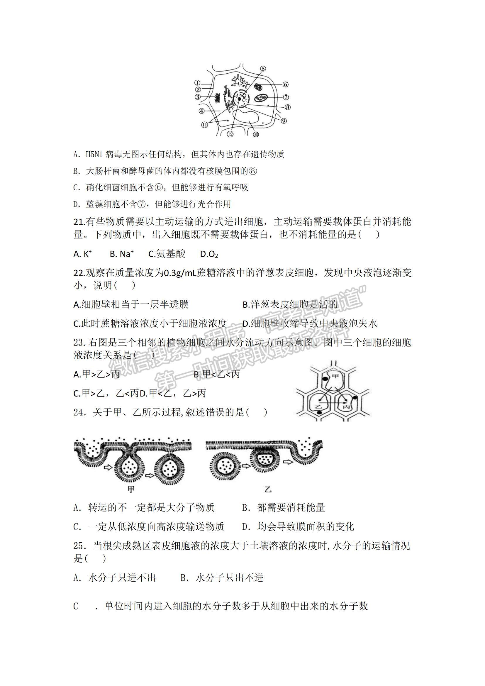 2021吉林省榆樹市實驗高級中學(xué)高一上學(xué)期第二次月考生物試題及參考答案