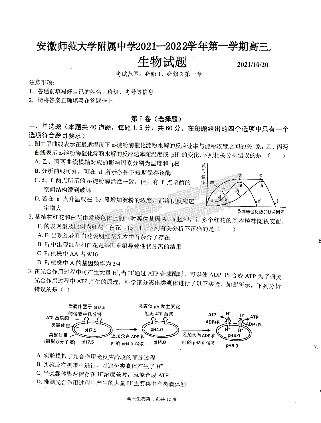 2022安徽師范大學(xué)附屬中學(xué)高三10月考試生物試卷