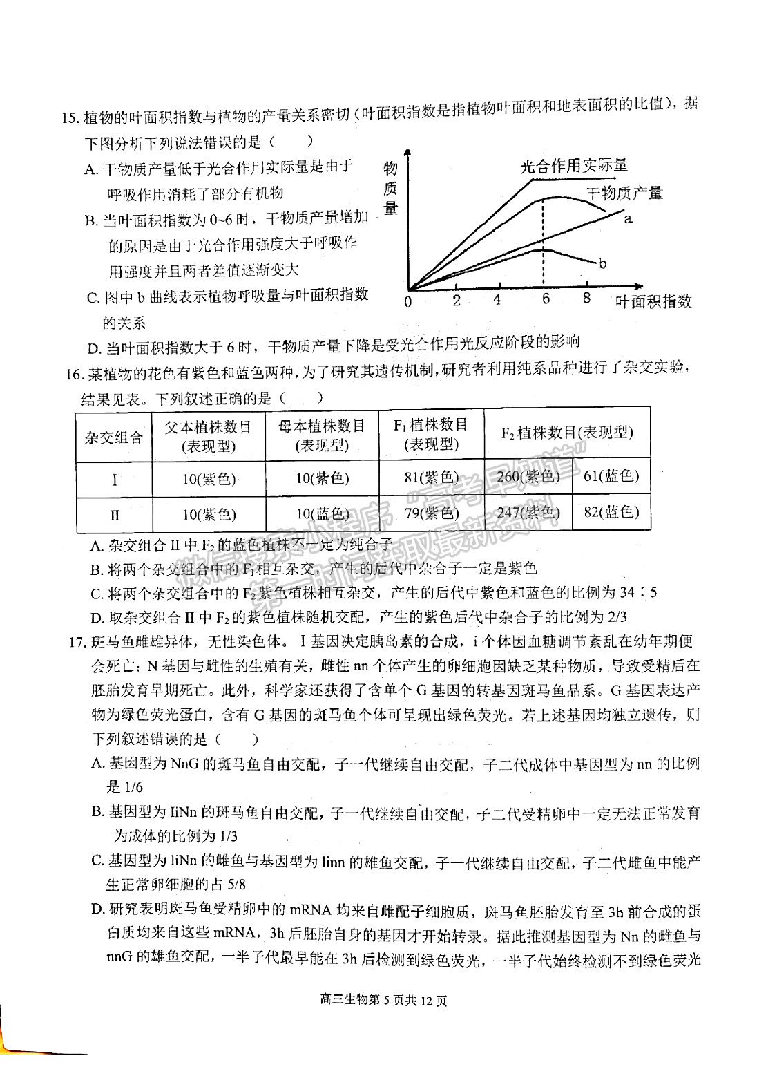 2022安徽師范大學附屬中學高三10月考試生物試卷