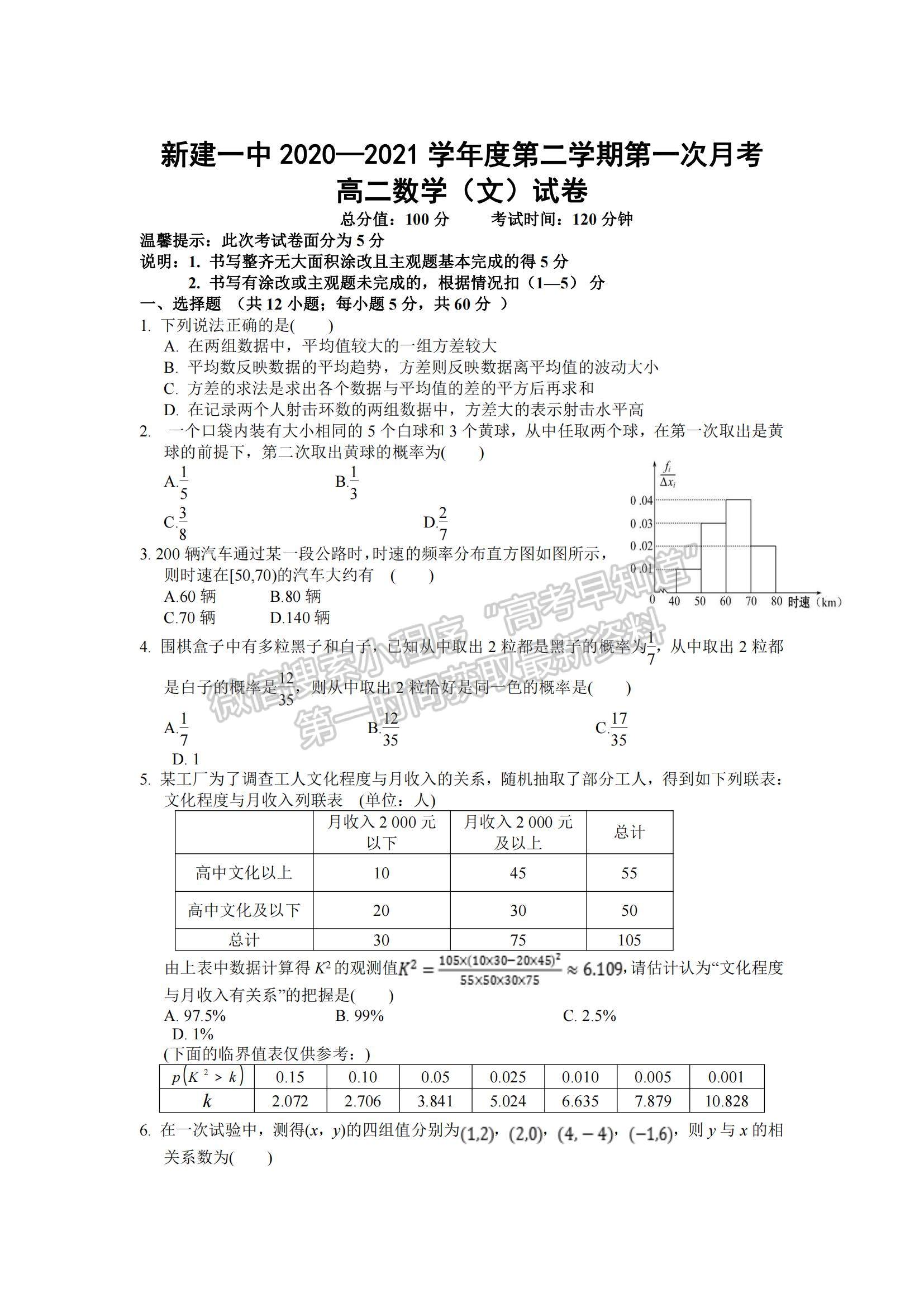 2021江西省南昌市新建一中高二下学期第一次月考文数试题及参考答案