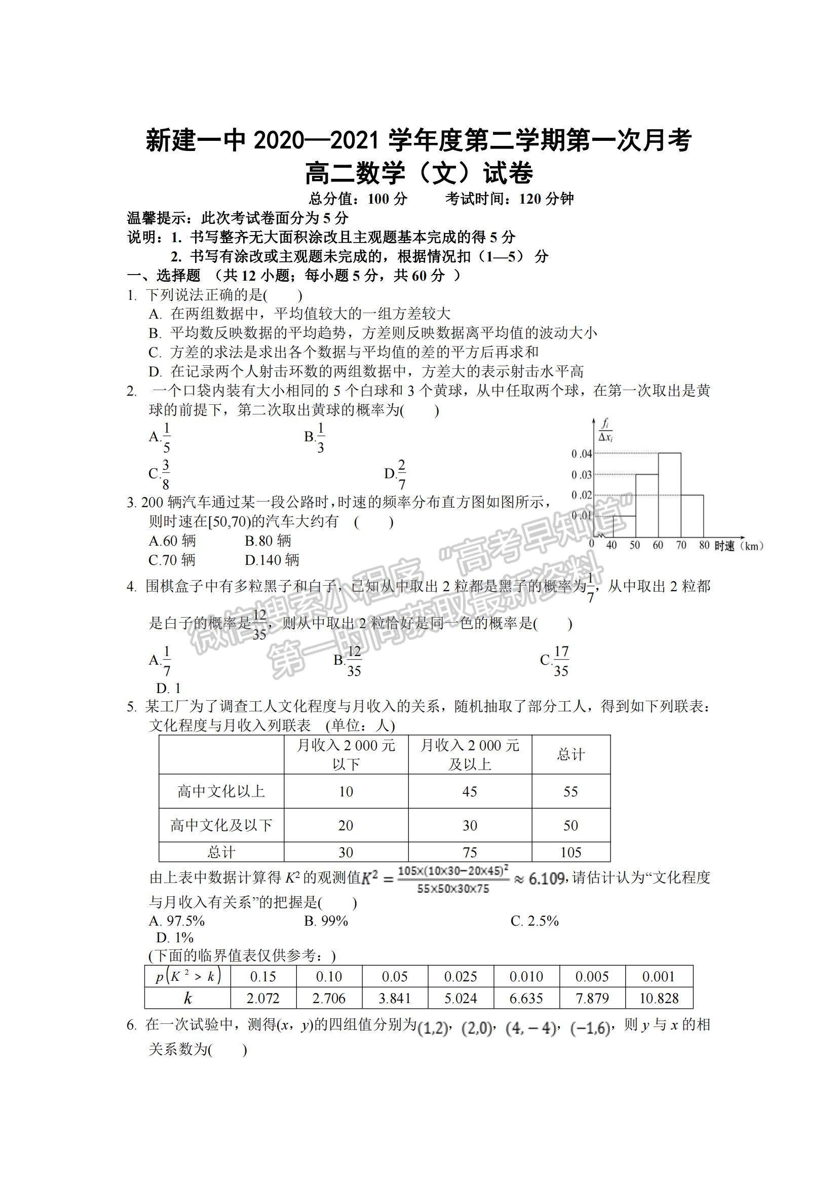 2021江西省南昌市新建一中高二下學期第一次月考文數(shù)試題及參考答案