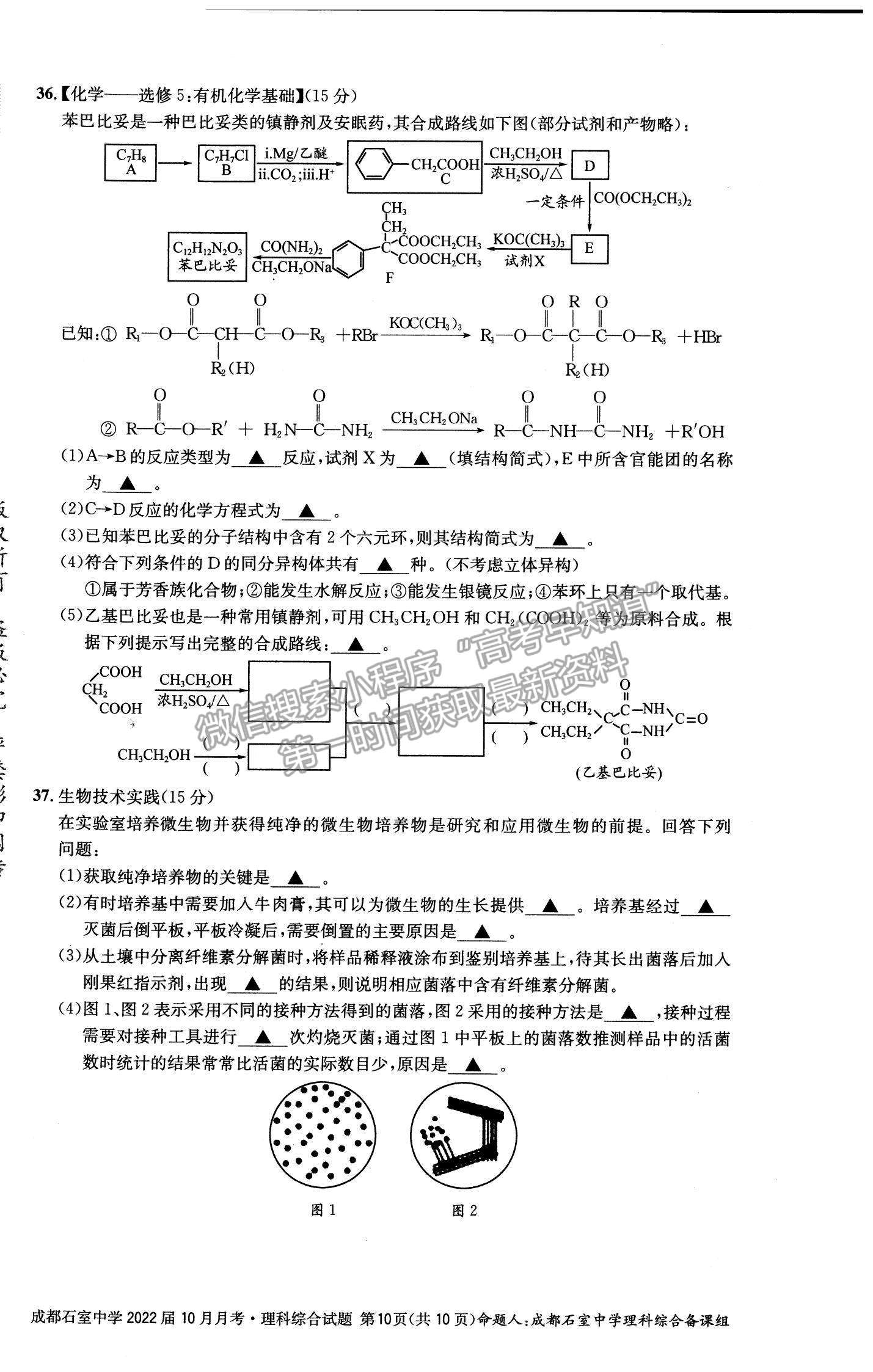 2022四川省成都石室中學高三上學期（高2022屆）10月月考理綜試題及參考答案