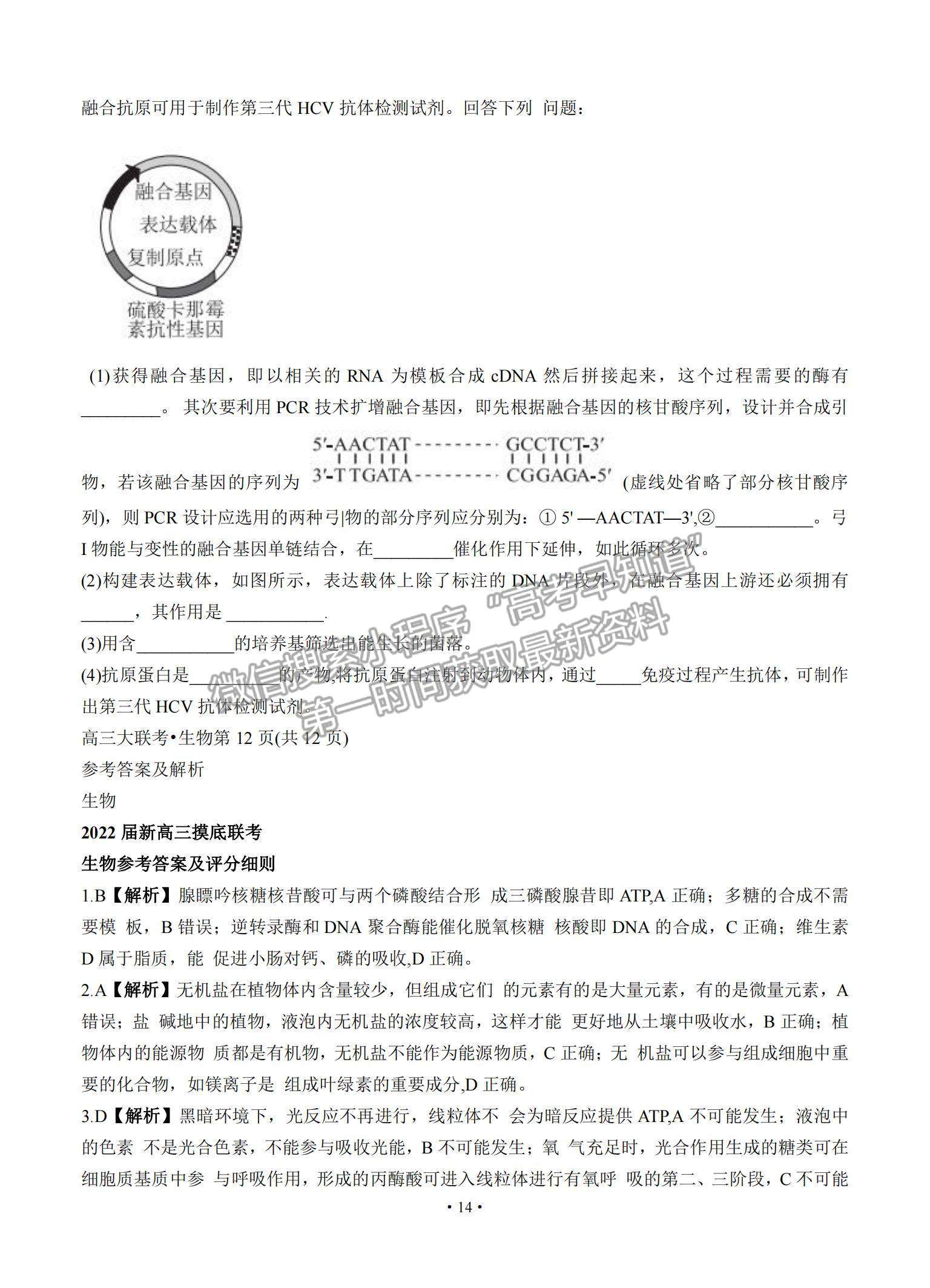 2022河南省部分名校高三上學(xué)期8月摸底聯(lián)考生物試題及參考答案