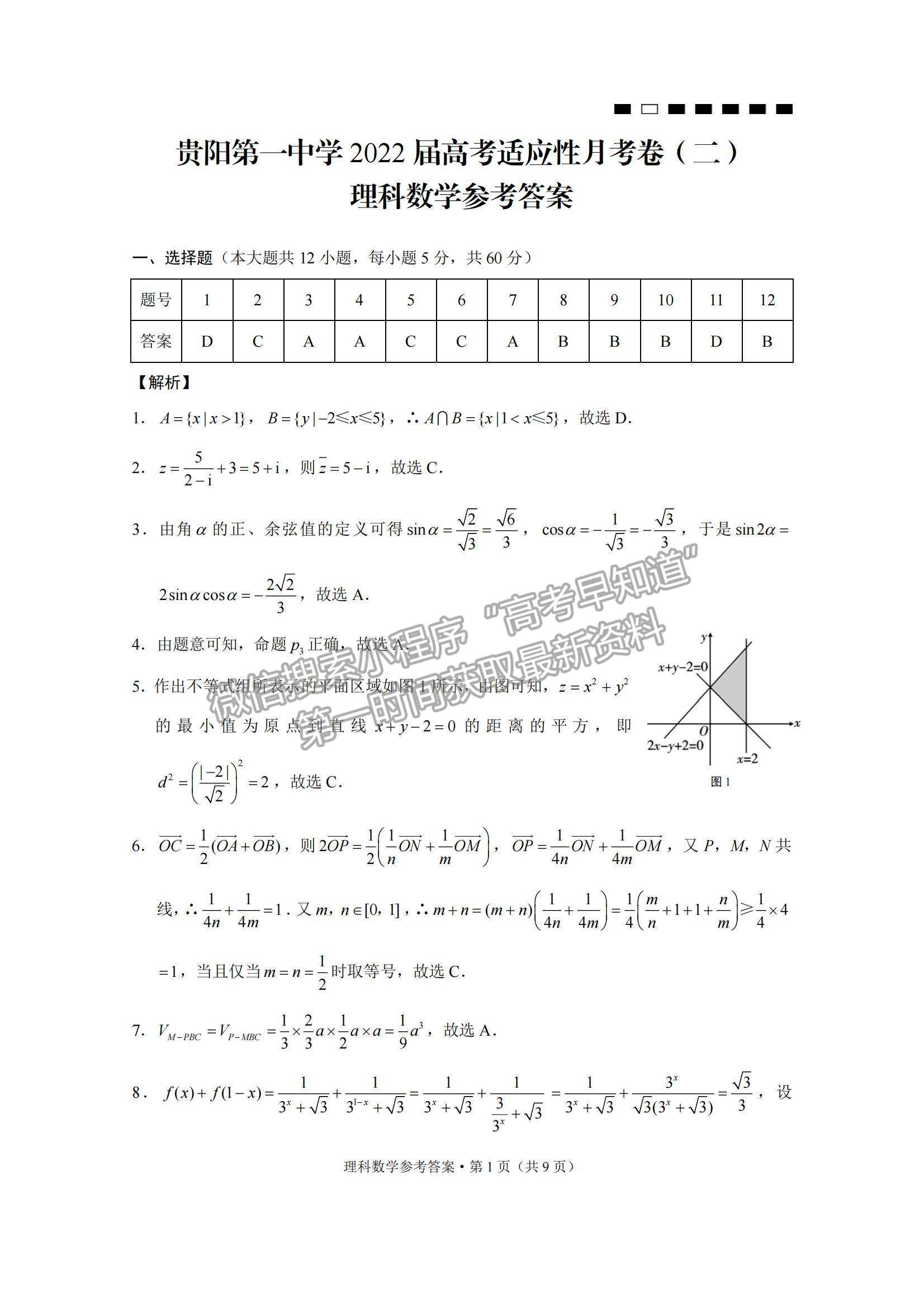 2022貴州省貴陽一中高三上學期適應性月考（二）理數(shù)試題及參考答案