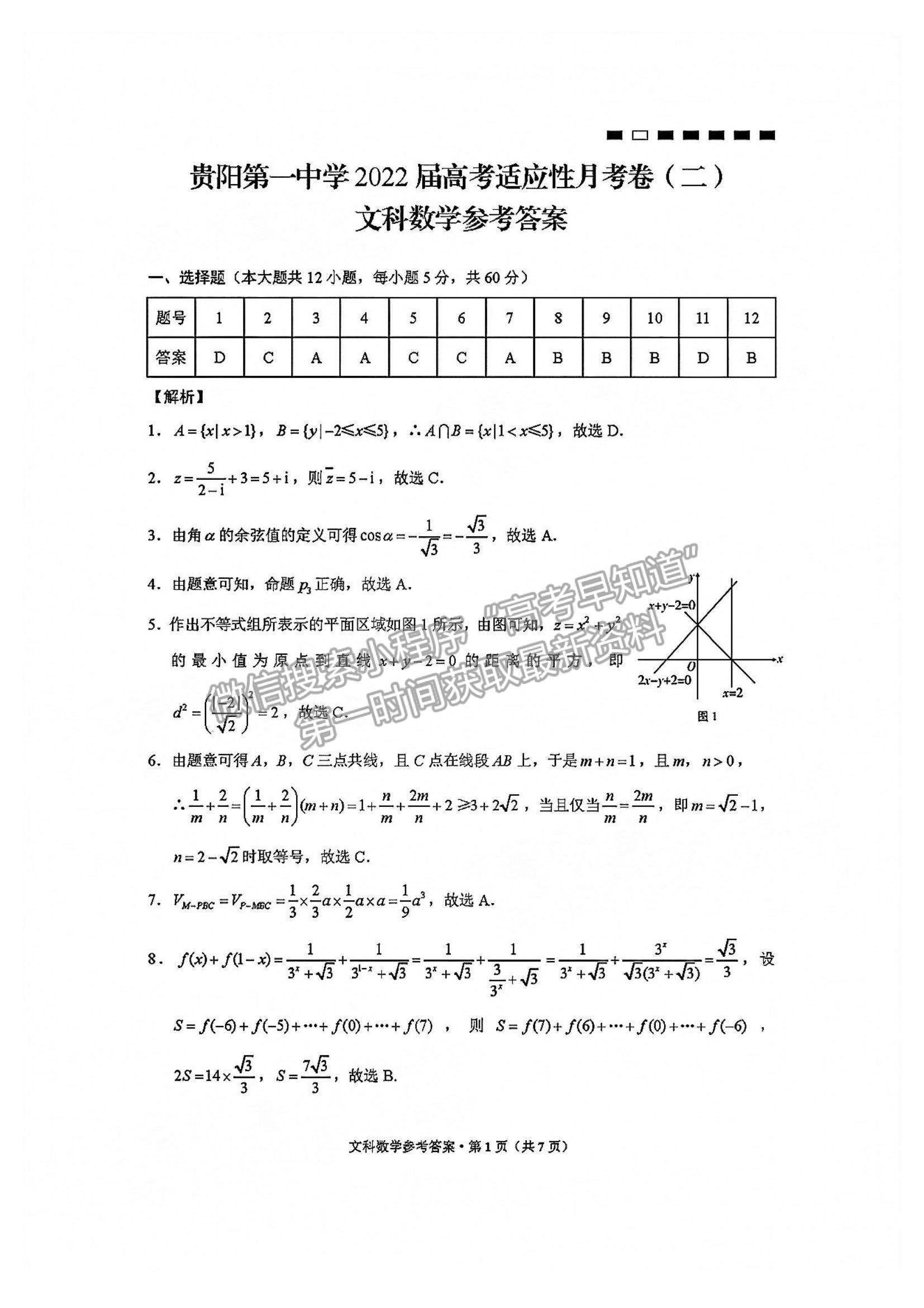 2022貴州省貴陽一中高三上學(xué)期適應(yīng)性月考（二）文數(shù)試題及參考答案