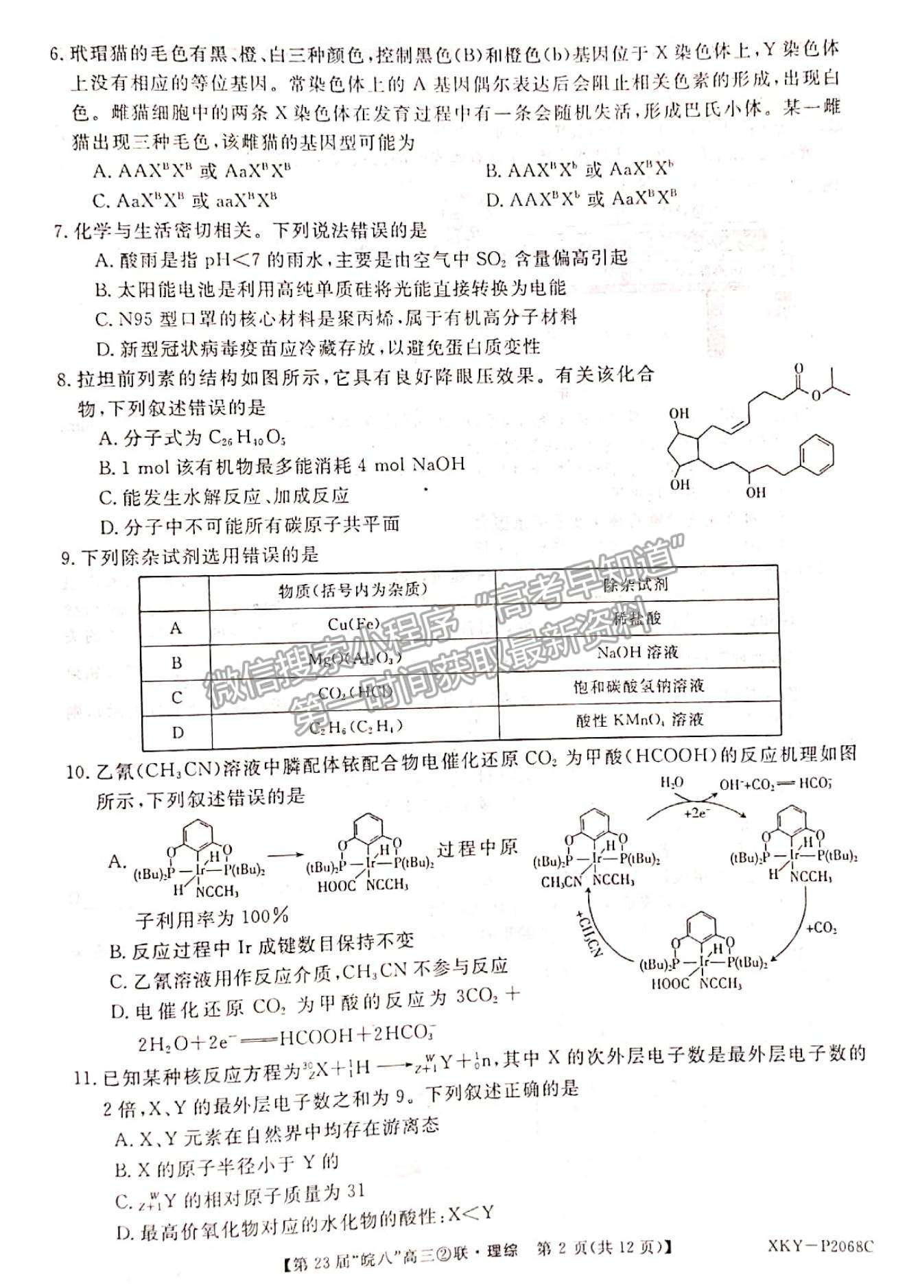 2021皖南八校高三第二次聯(lián)考理綜試卷及參考答案