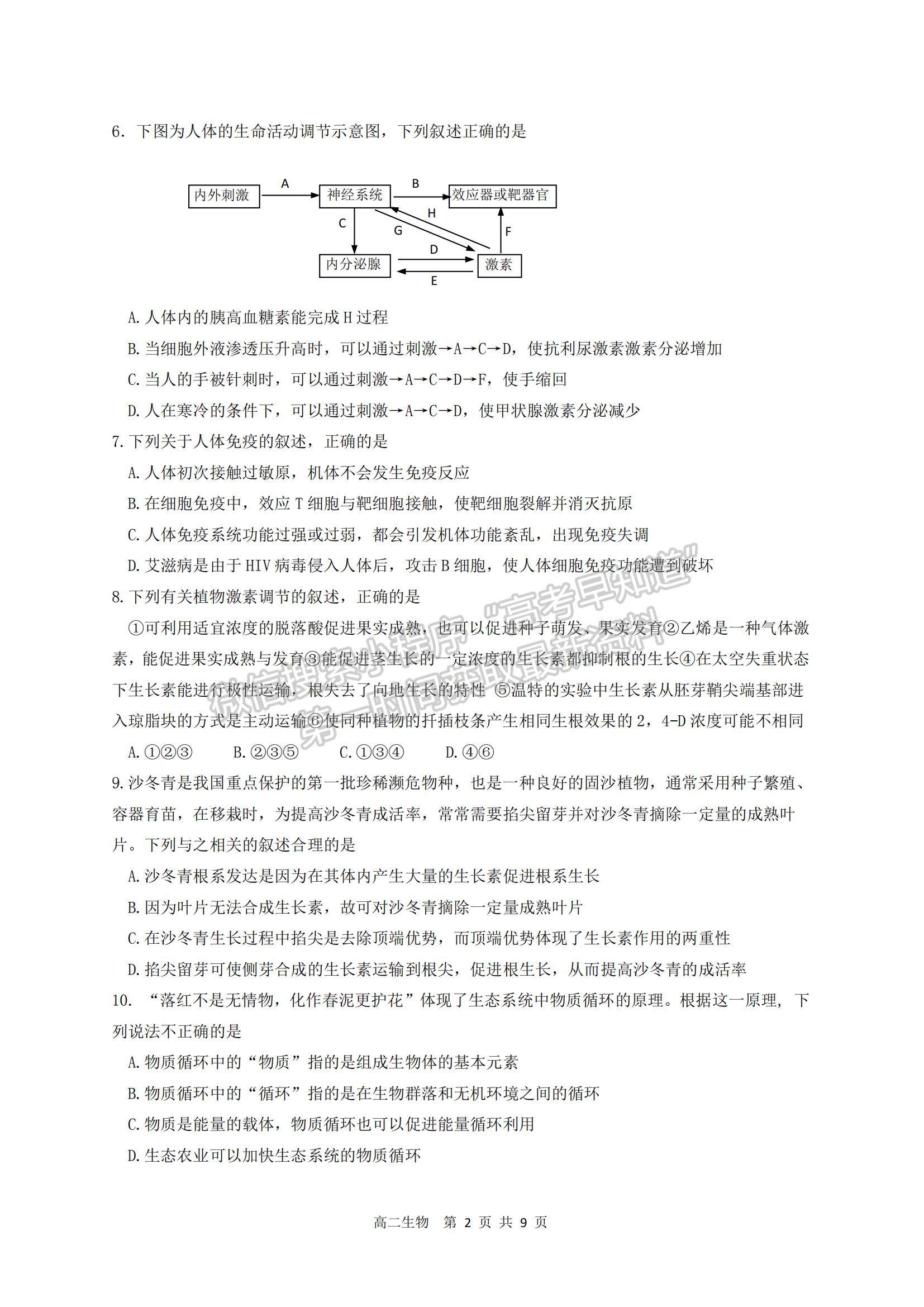 2021江蘇省宿遷市高二第一學期期末考試生物試題及參考答案