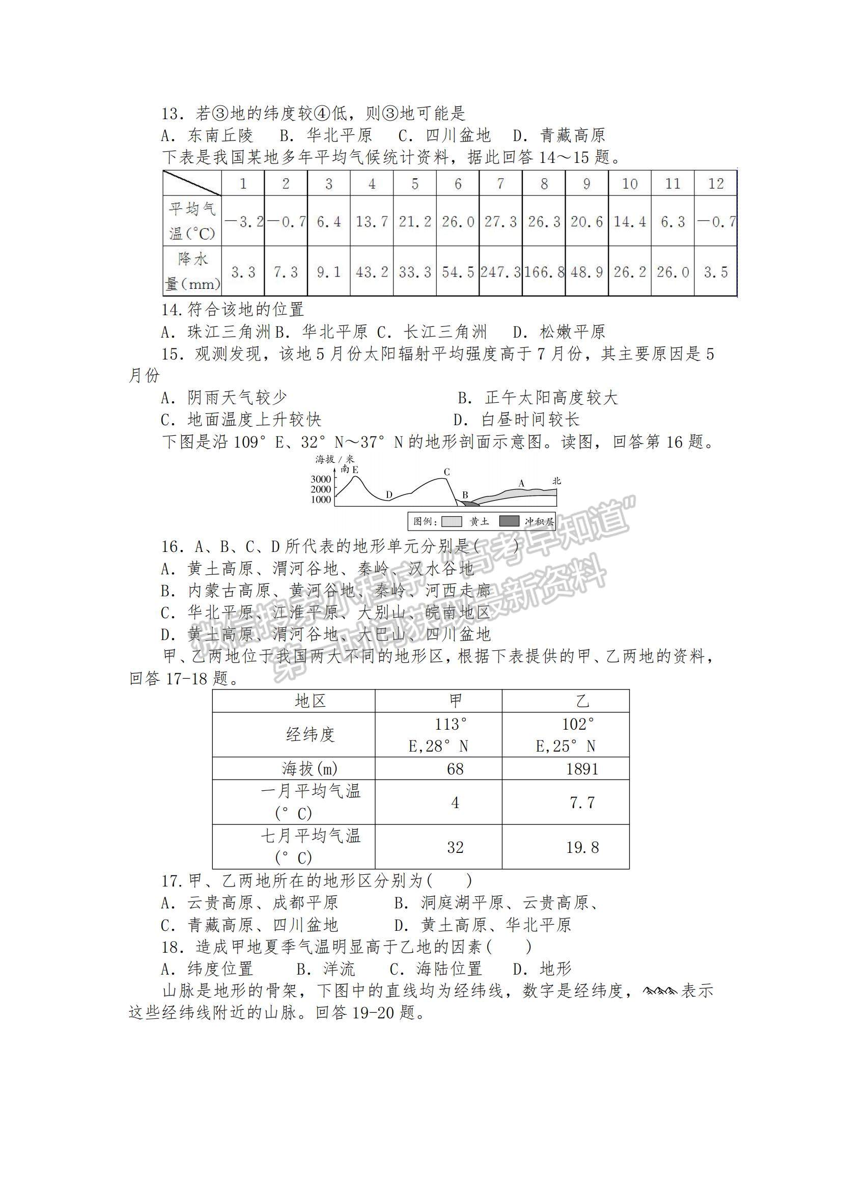 2021遼寧省沈陽二十八中高二下學期4月月考地理試題及參考答案