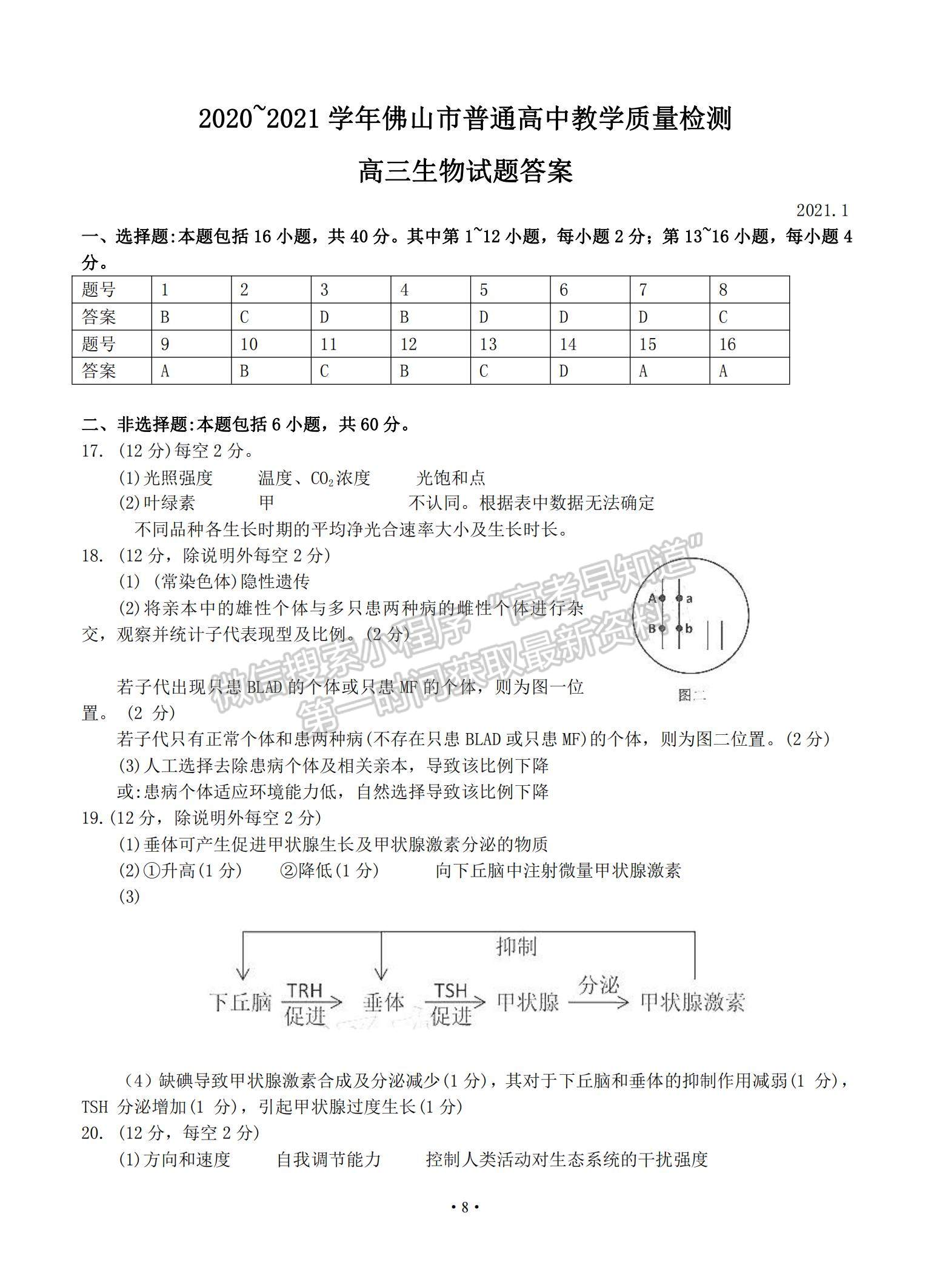 2021廣東省佛山市高三上學(xué)期教學(xué)質(zhì)量檢測（一模）生物試題及參考答案