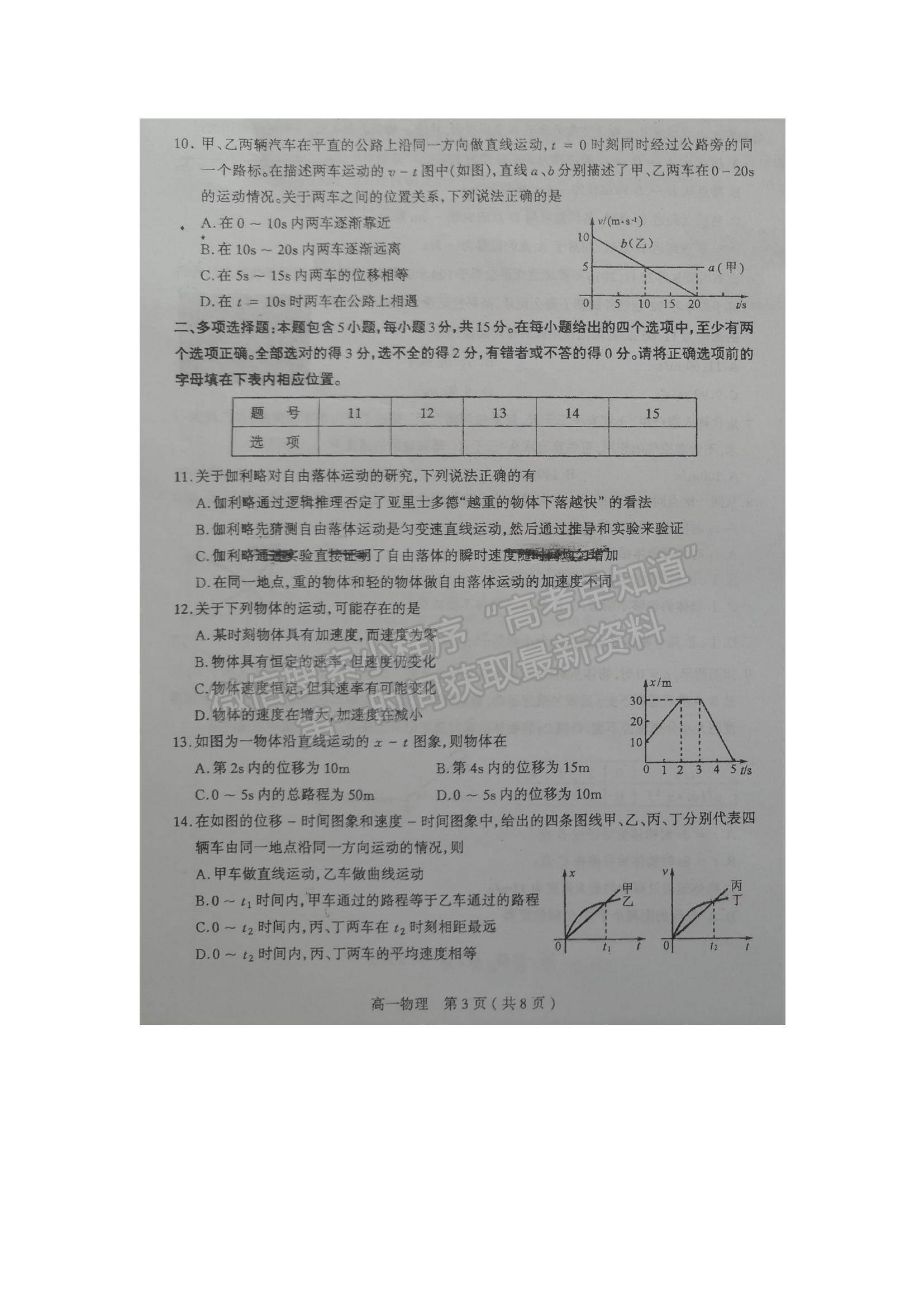 2021山西省太原十二中高一上學(xué)期10月月考物理試題及參考答案