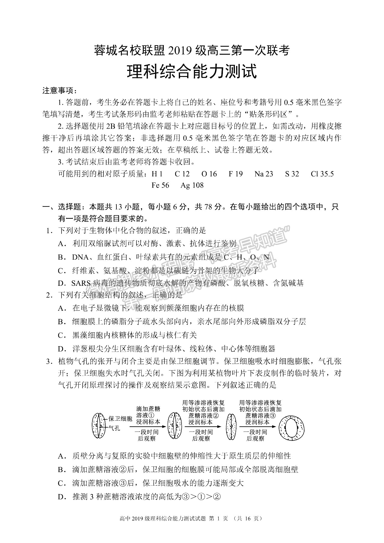 2022四川省蓉城名校聯(lián)盟高三第一次聯(lián)考理科綜合試卷