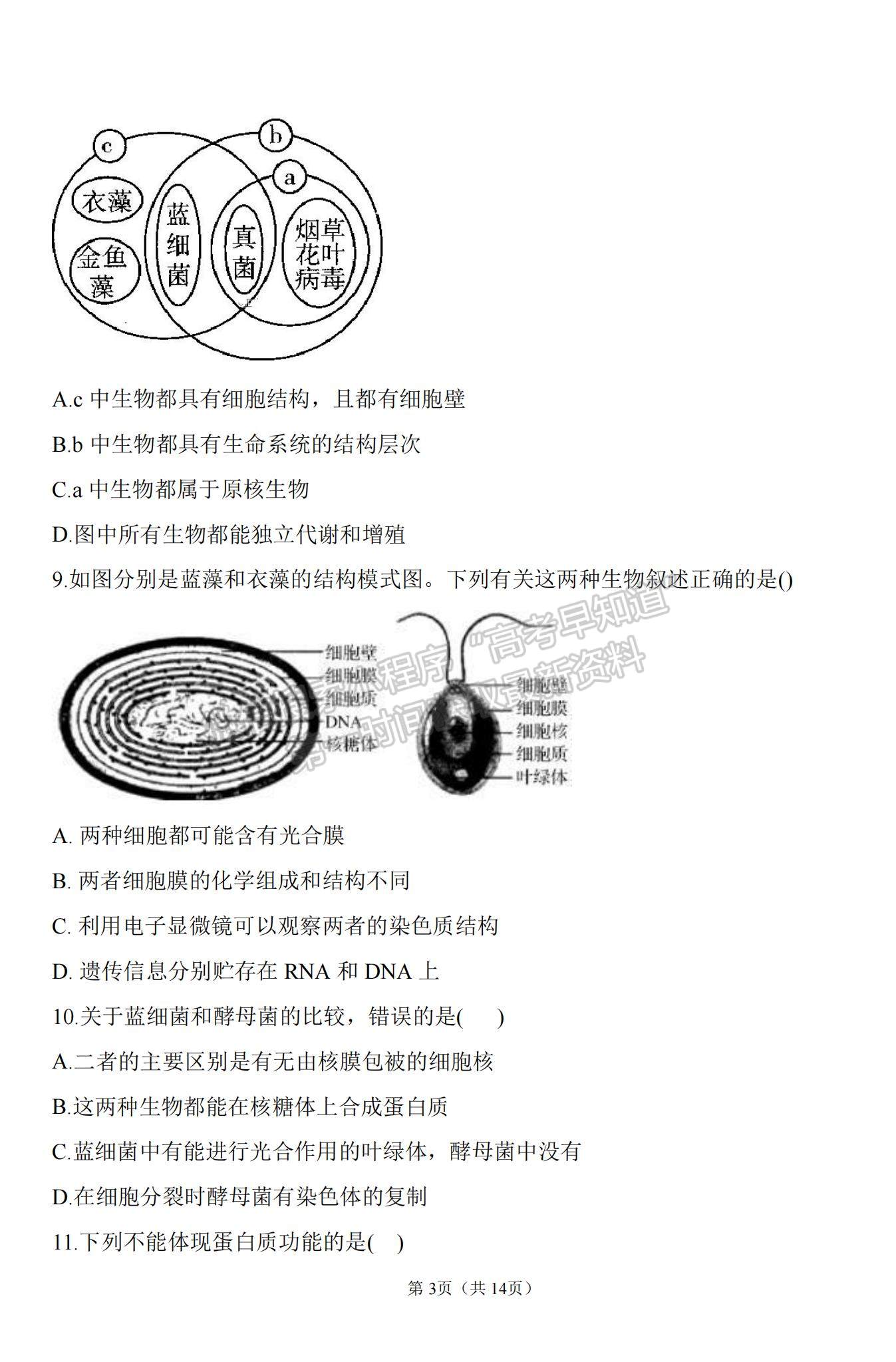 2021山西省太原十二中高一上學期10月月考生物試題及參考答案