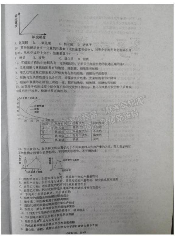 2021安徽省靈璧縣第一中學高一12月月考生物試題及參考答案