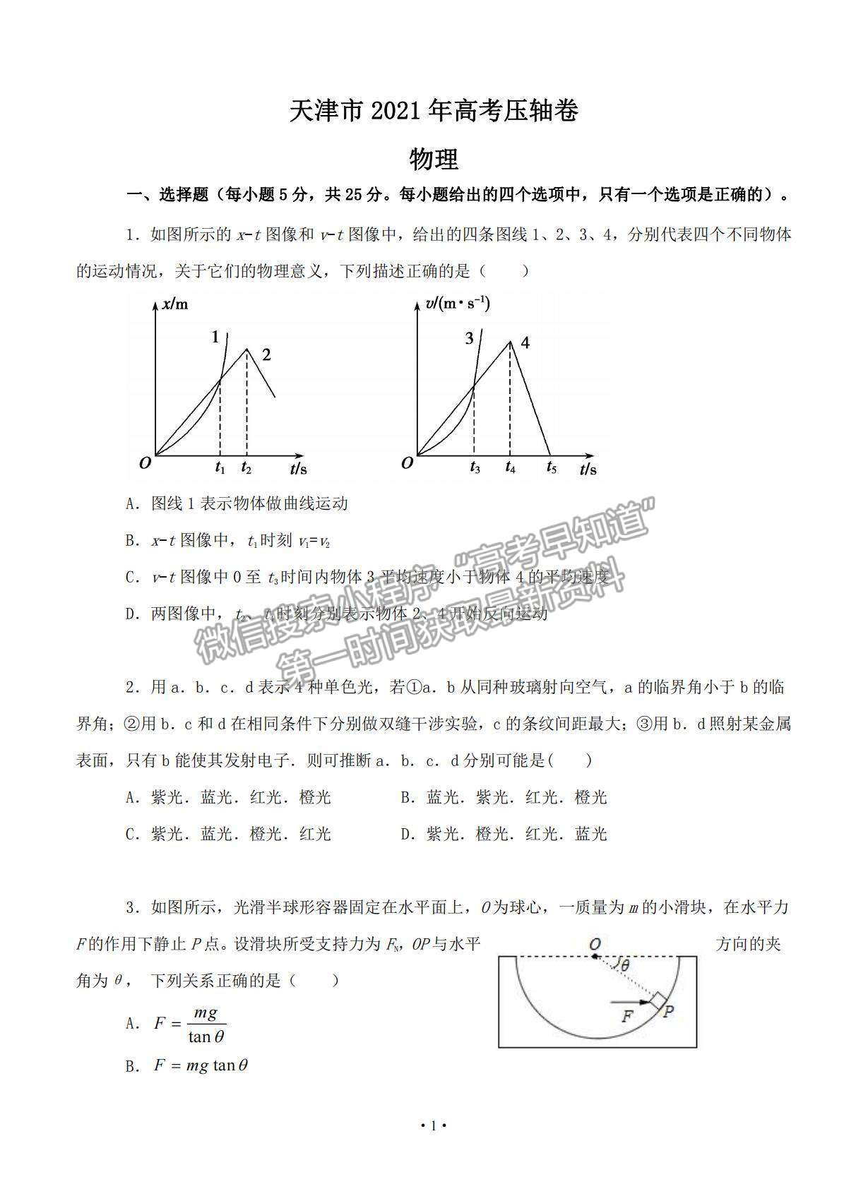 2021天津市高考壓軸卷物理試題及參考答案